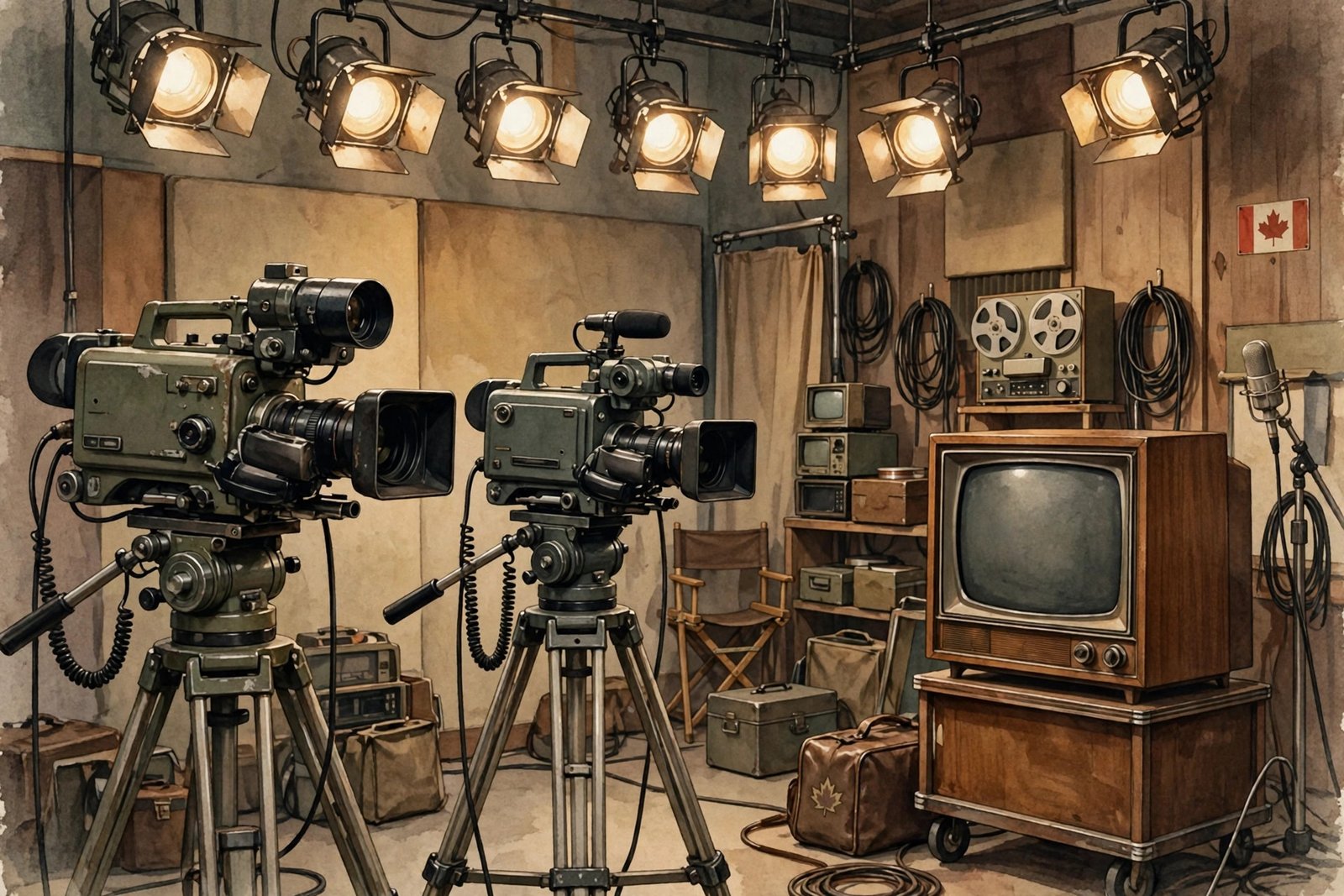 Vintage 1970s Canadian television studio with retro broadcast cameras