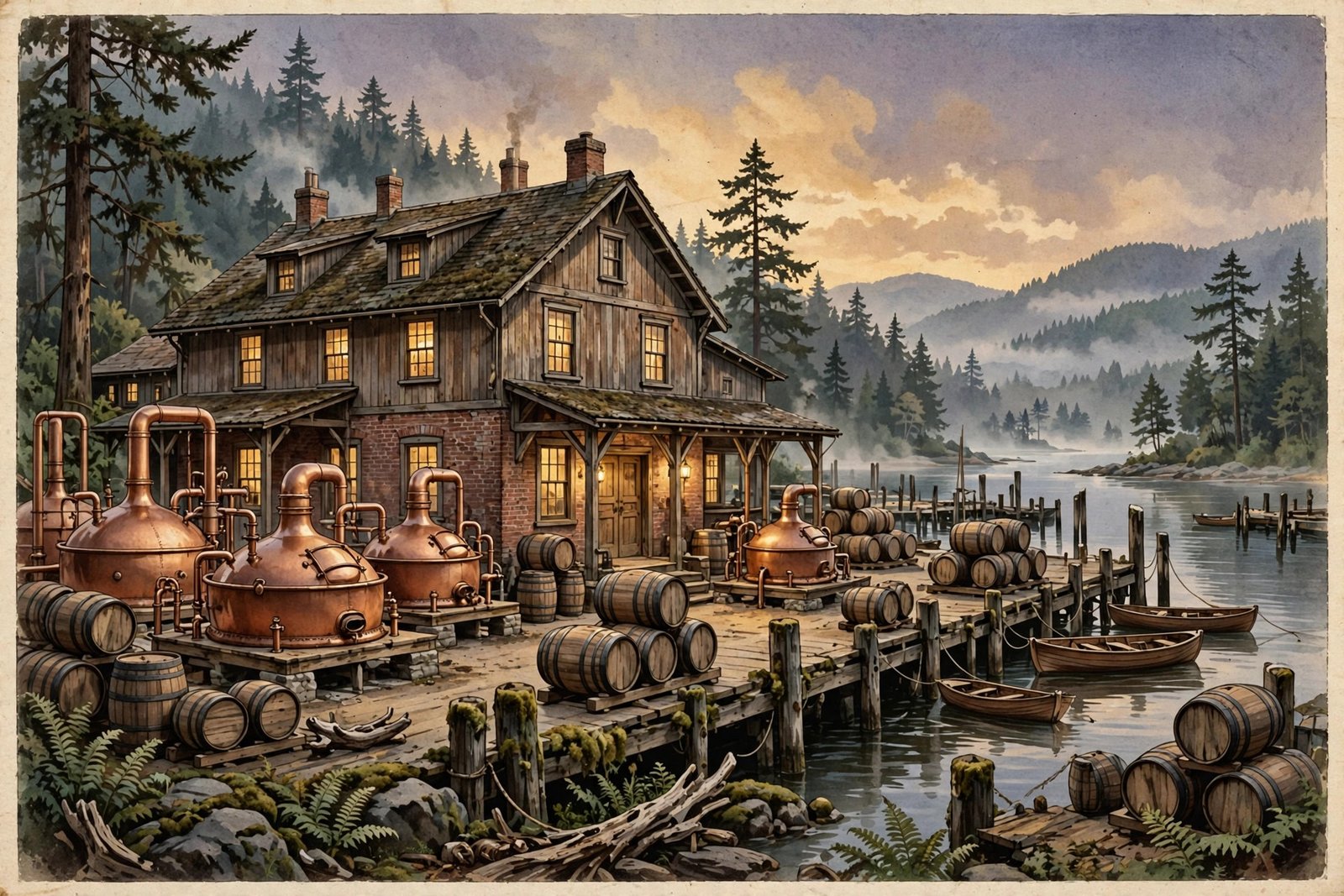 Historic Pacific Northwest brewery building with copper kettles and wooden barrels