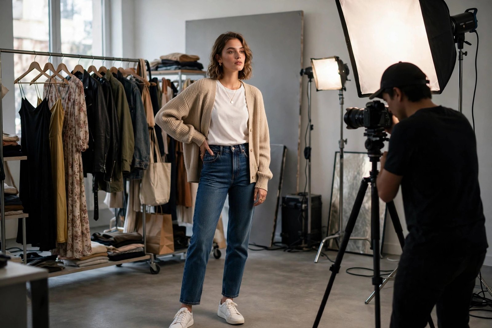 Model in a chic outfit posing at a professional fashion photoshoot with a clothing rack and studio lighting