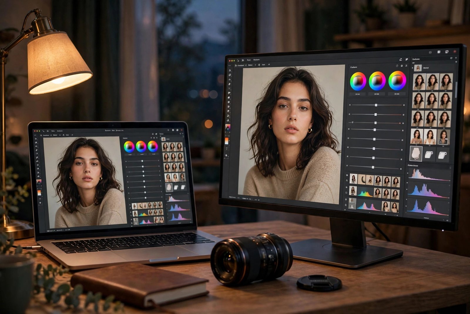 AI photo editing workspace with a laptop showing a fashion portrait being retouched in a home office