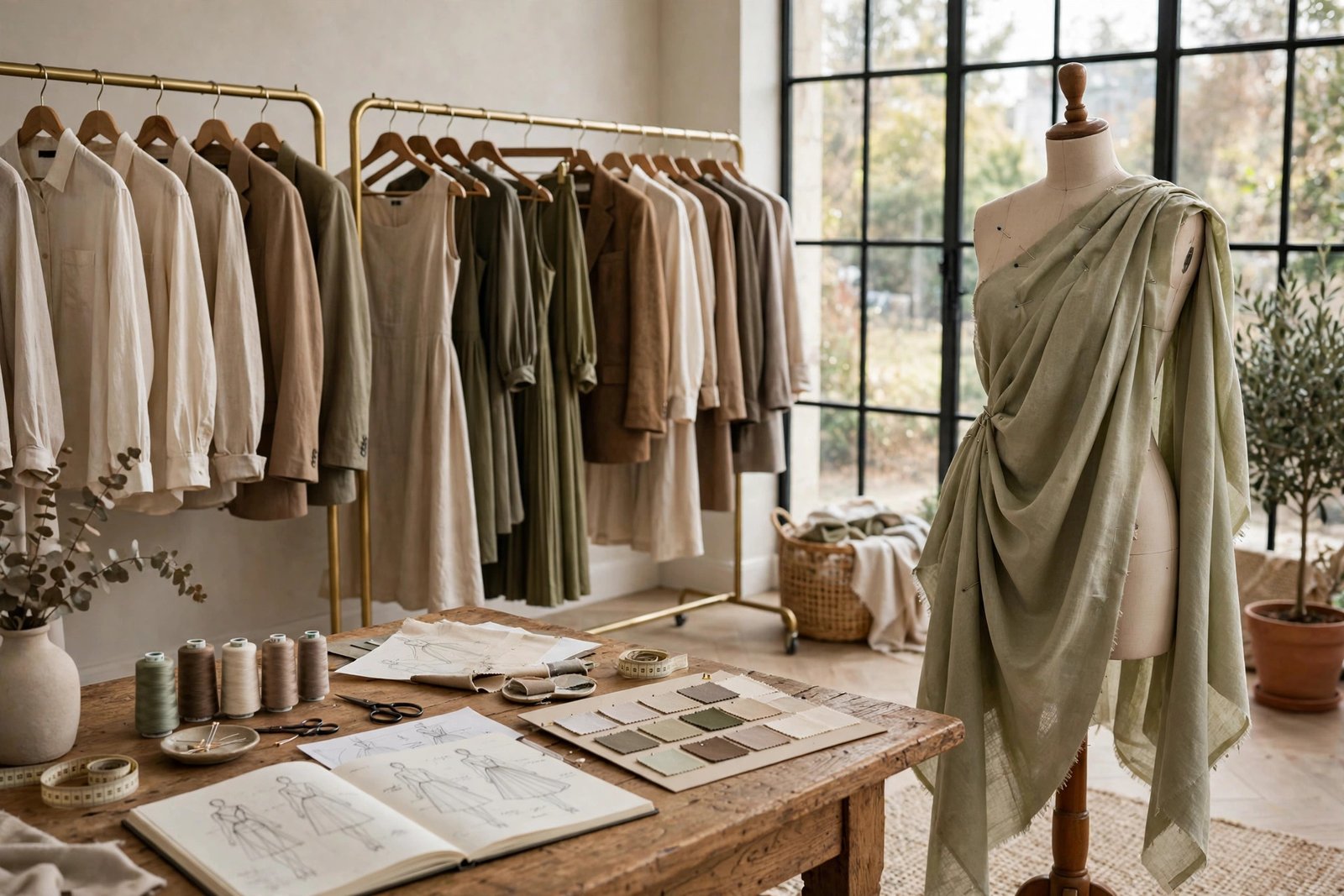 Fashion design studio with clothing racks, a dress form mannequin, and fabric swatches on a table