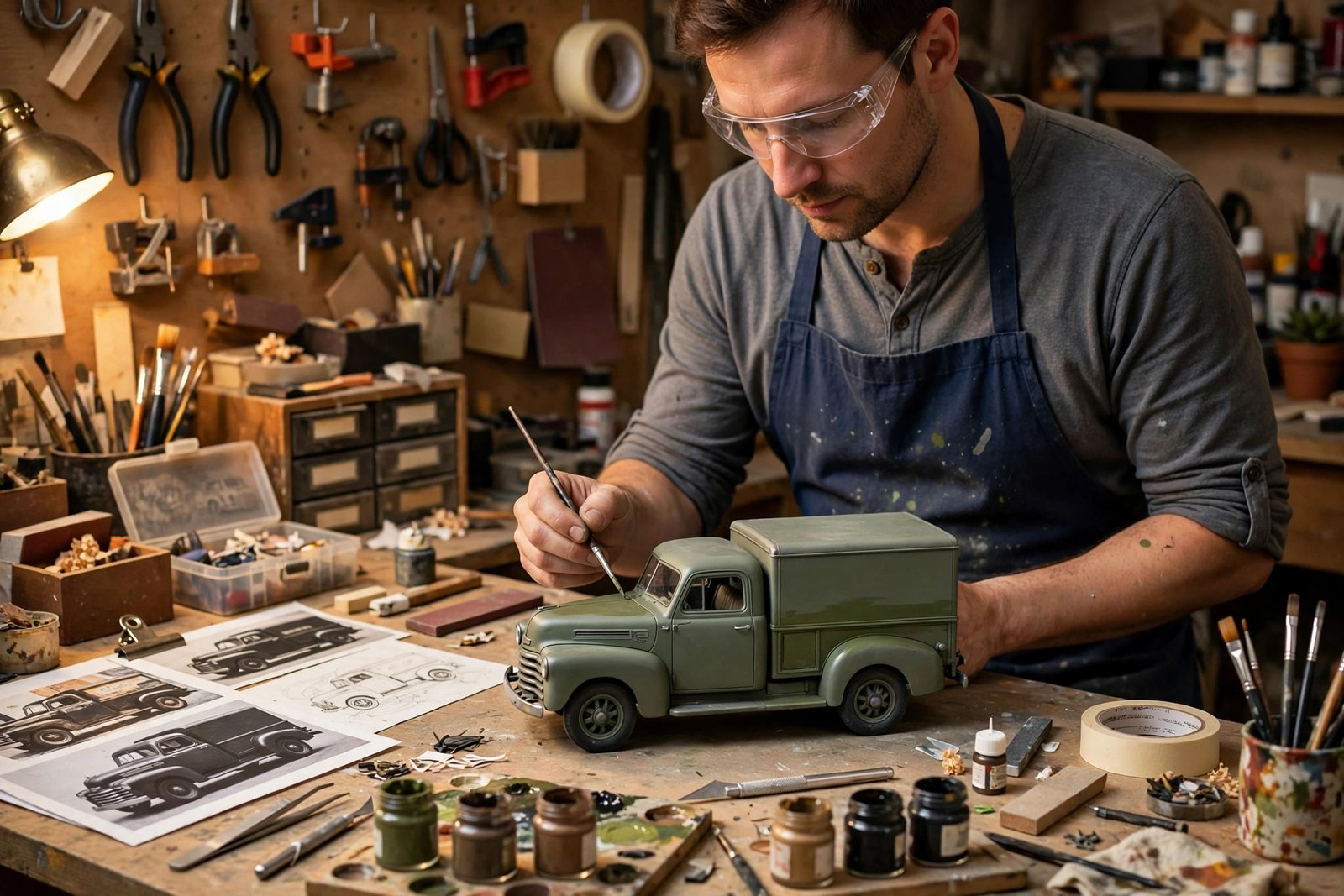 A sculptor hand-finishing a detailed scale model replica on a workshop bench