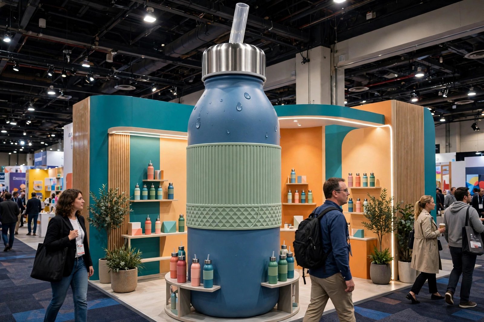 An oversized product replica on display at a trade show booth drawing visitors