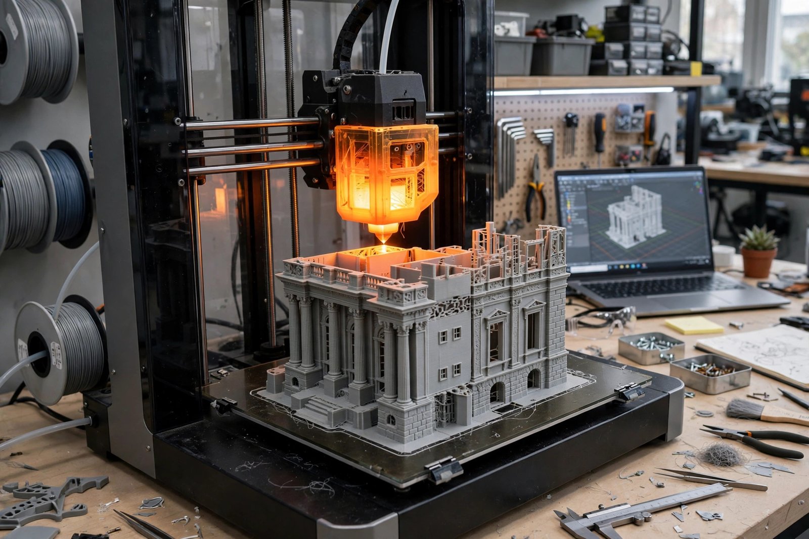 A 3D printer building a prototype part for a custom replica project