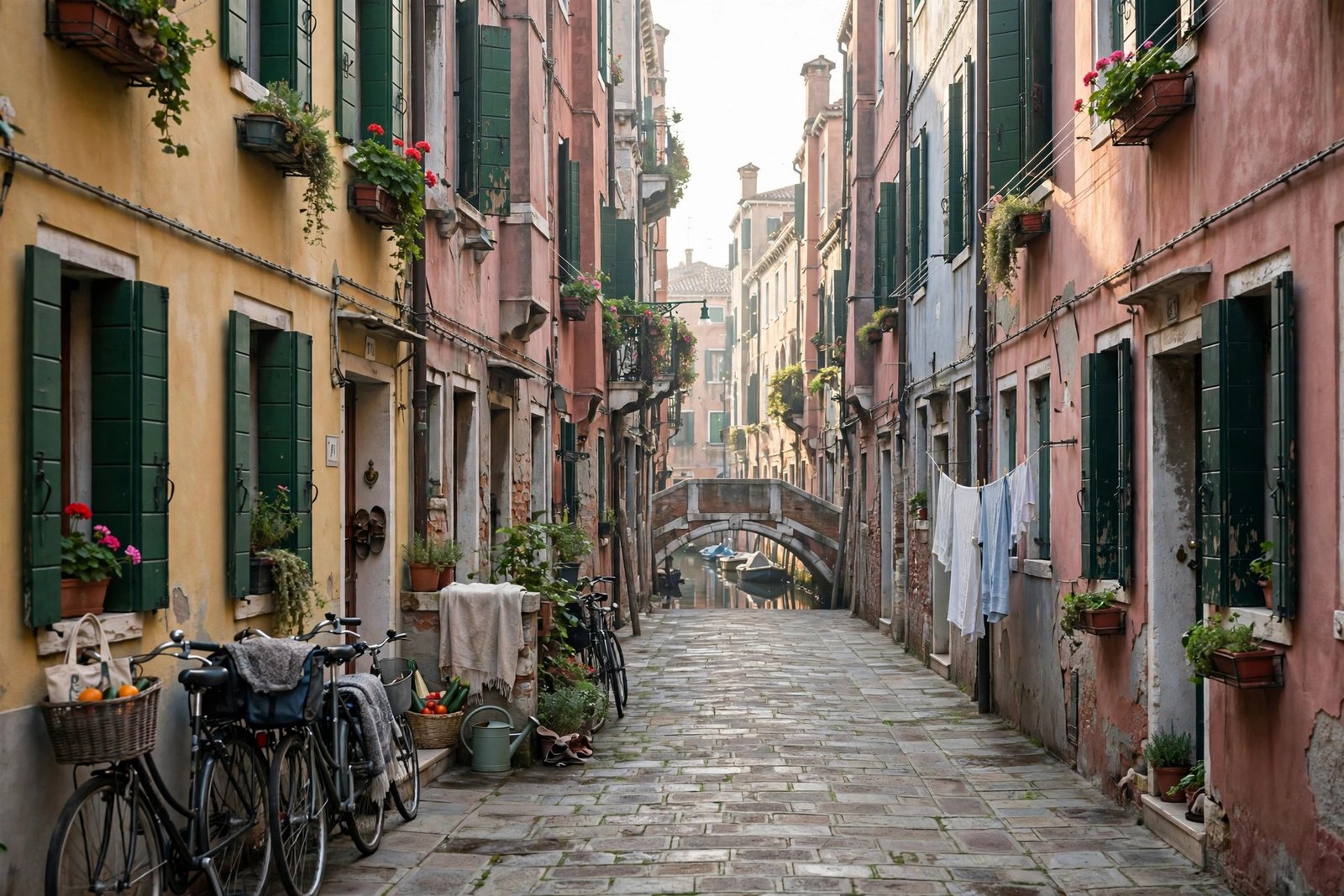 Quiet Venetian residential street with colorful historic apartment buildings near a canal