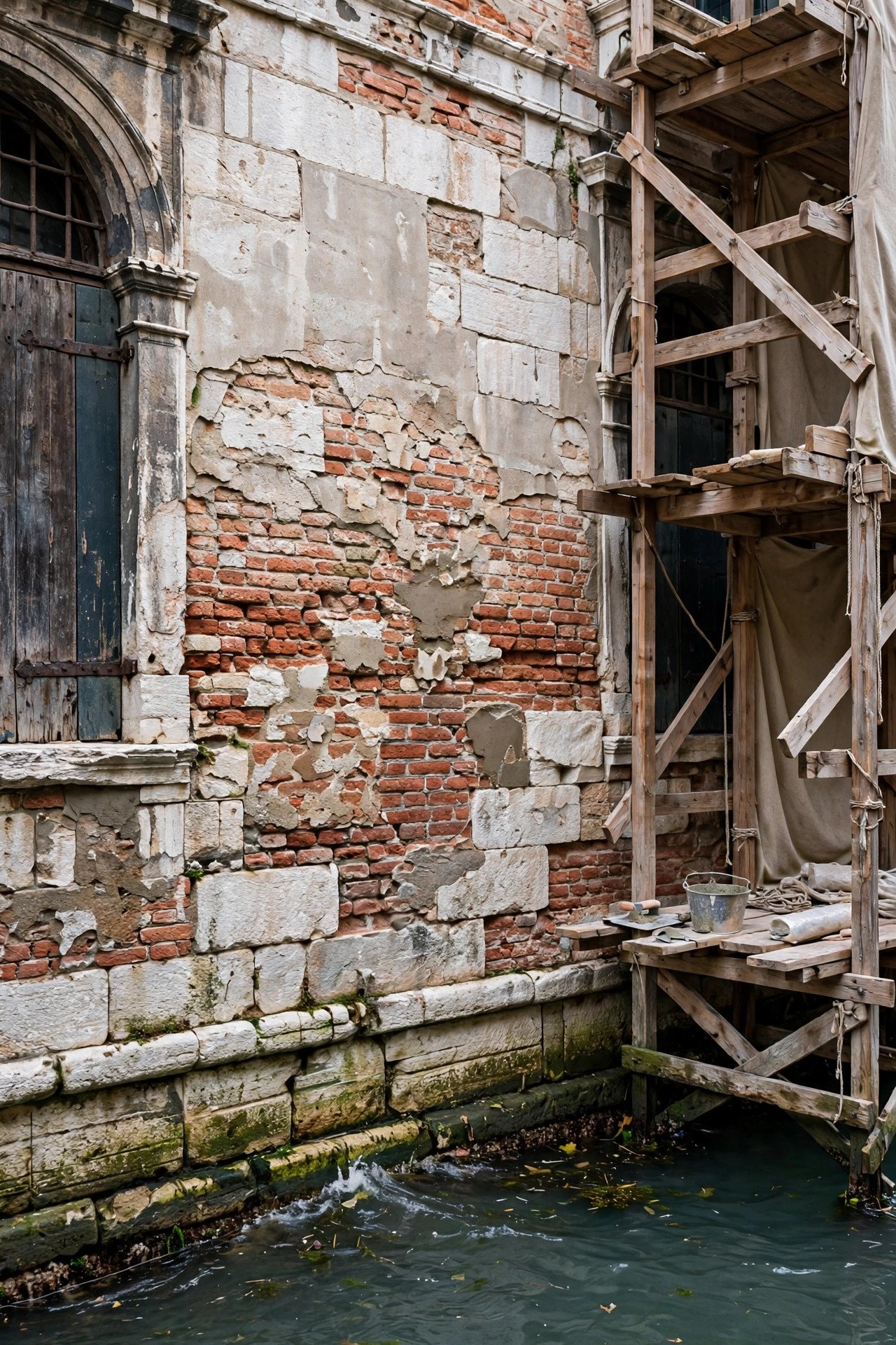 Historic Venetian palazzo facade undergoing careful restoration along a canal