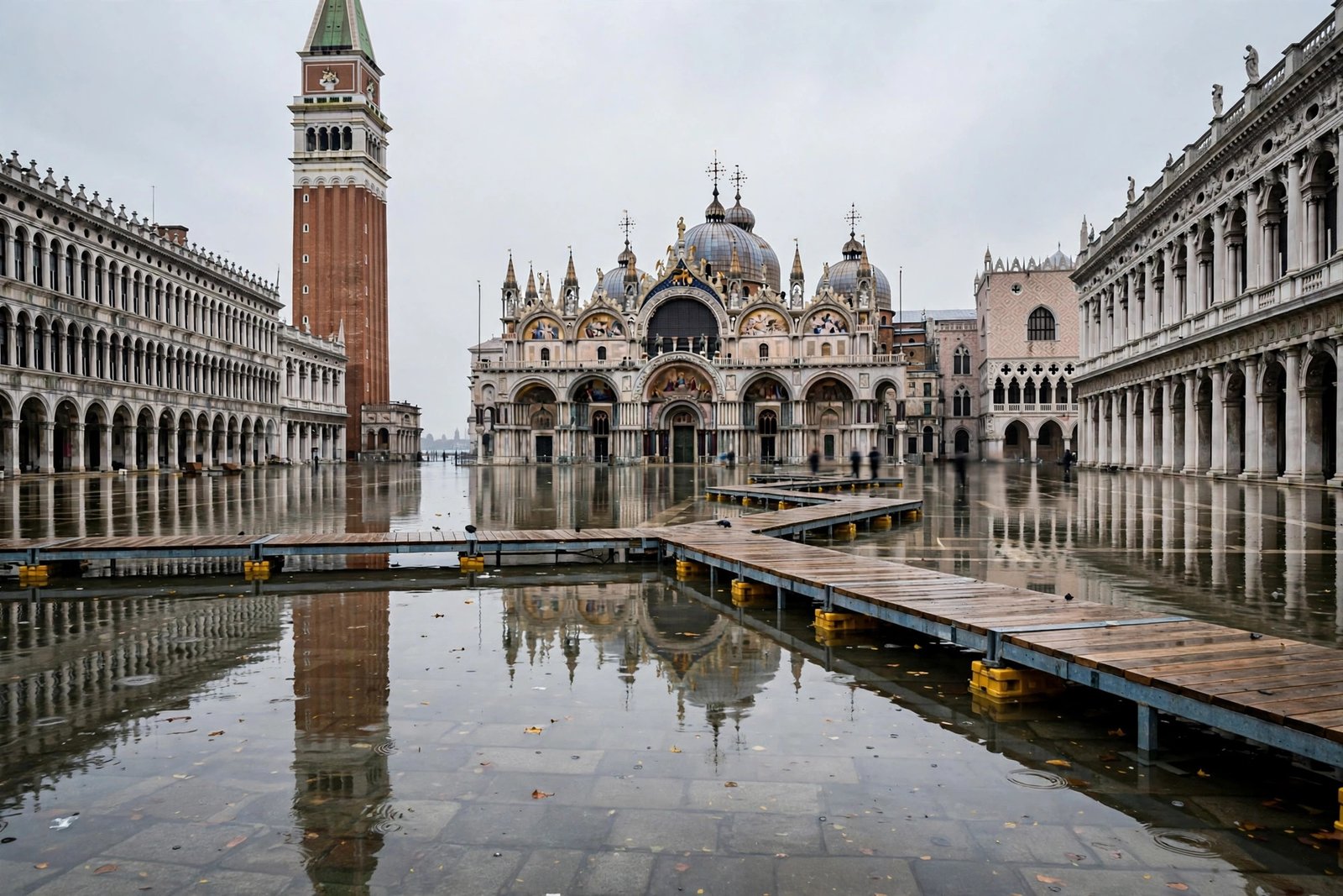 St Mark's Square in Venice during acqua alta, with shallow water reflecting historic buildings