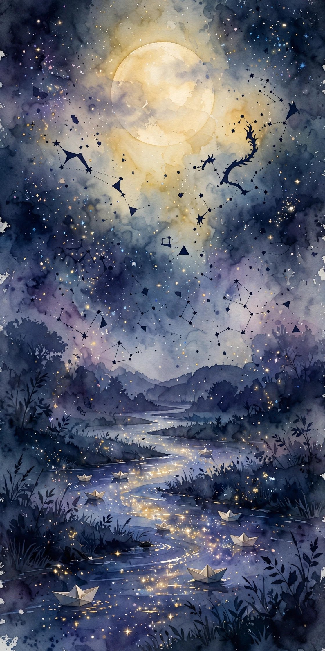 Watercolor-style animated film still showing a glowing moon, constellations, and paper boats drifting on a starry river