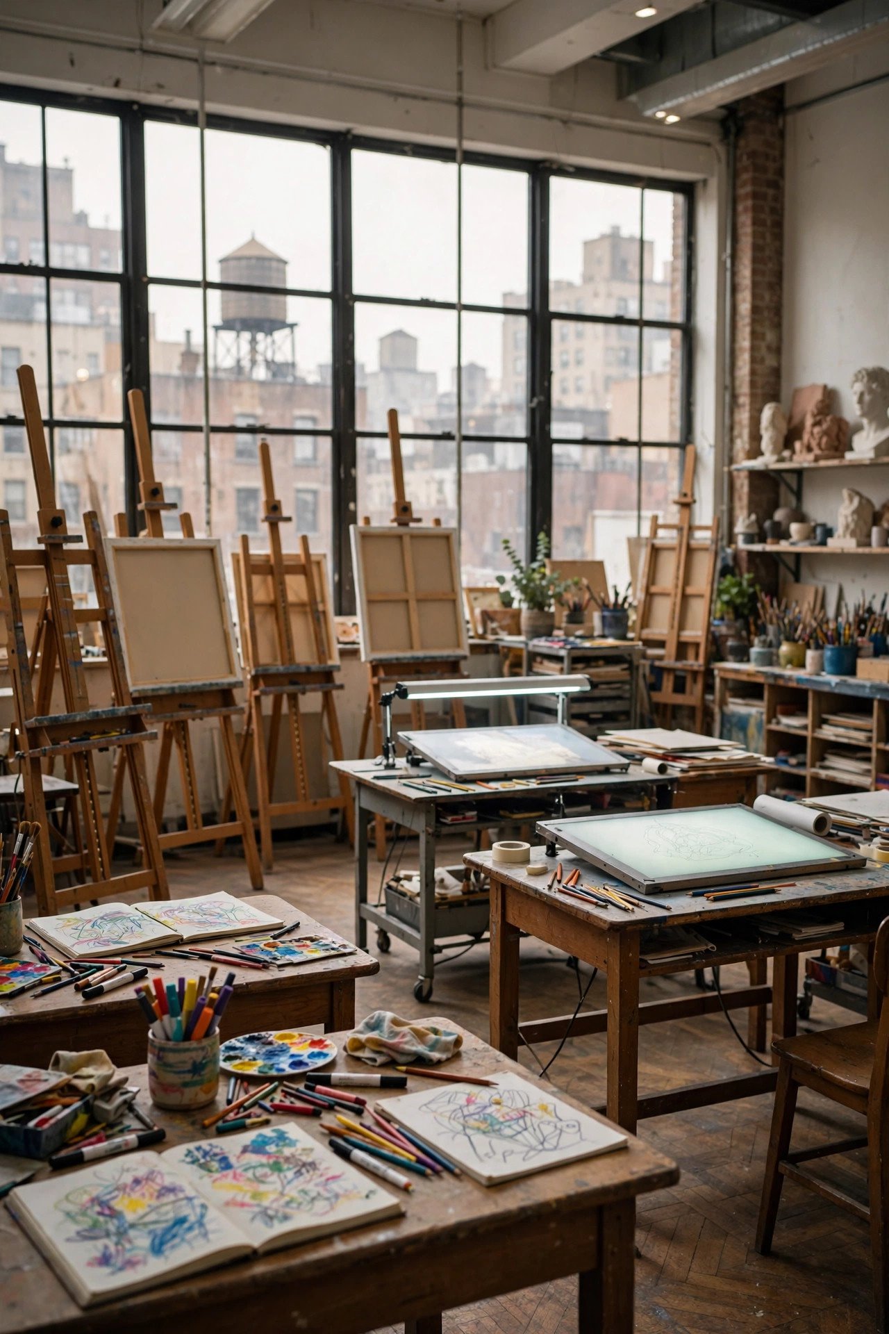 Art school classroom with easels, animation light tables, and colorful sketchbooks