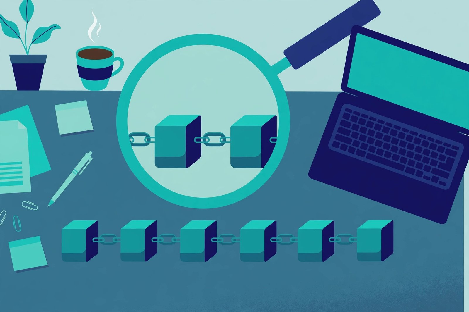 Illustration of a magnifying glass over connected blockchain blocks, showing how public crypto transfers can be traced