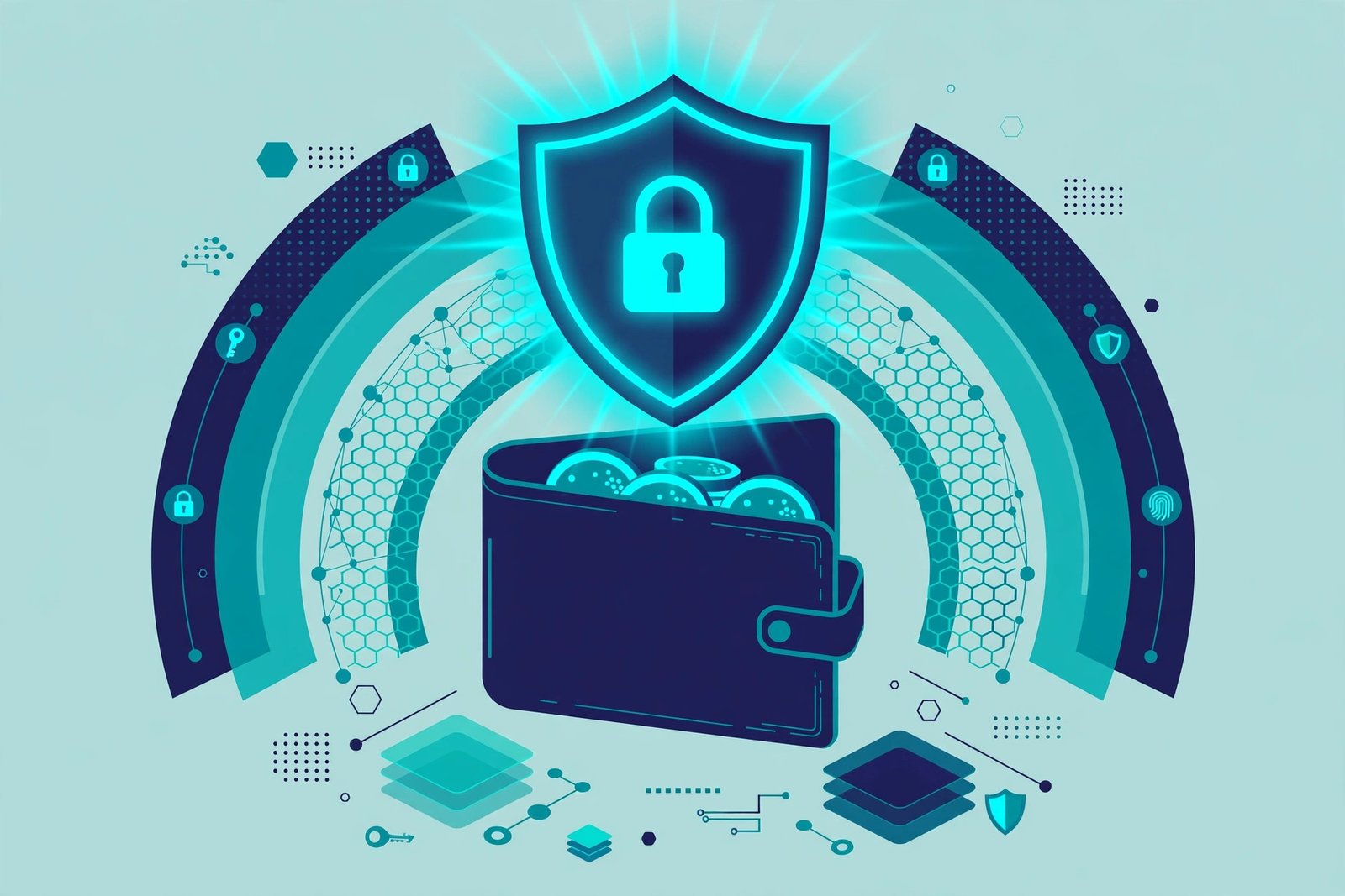 Illustration of a crypto wallet protected by a glowing shield, representing shielded wallet privacy