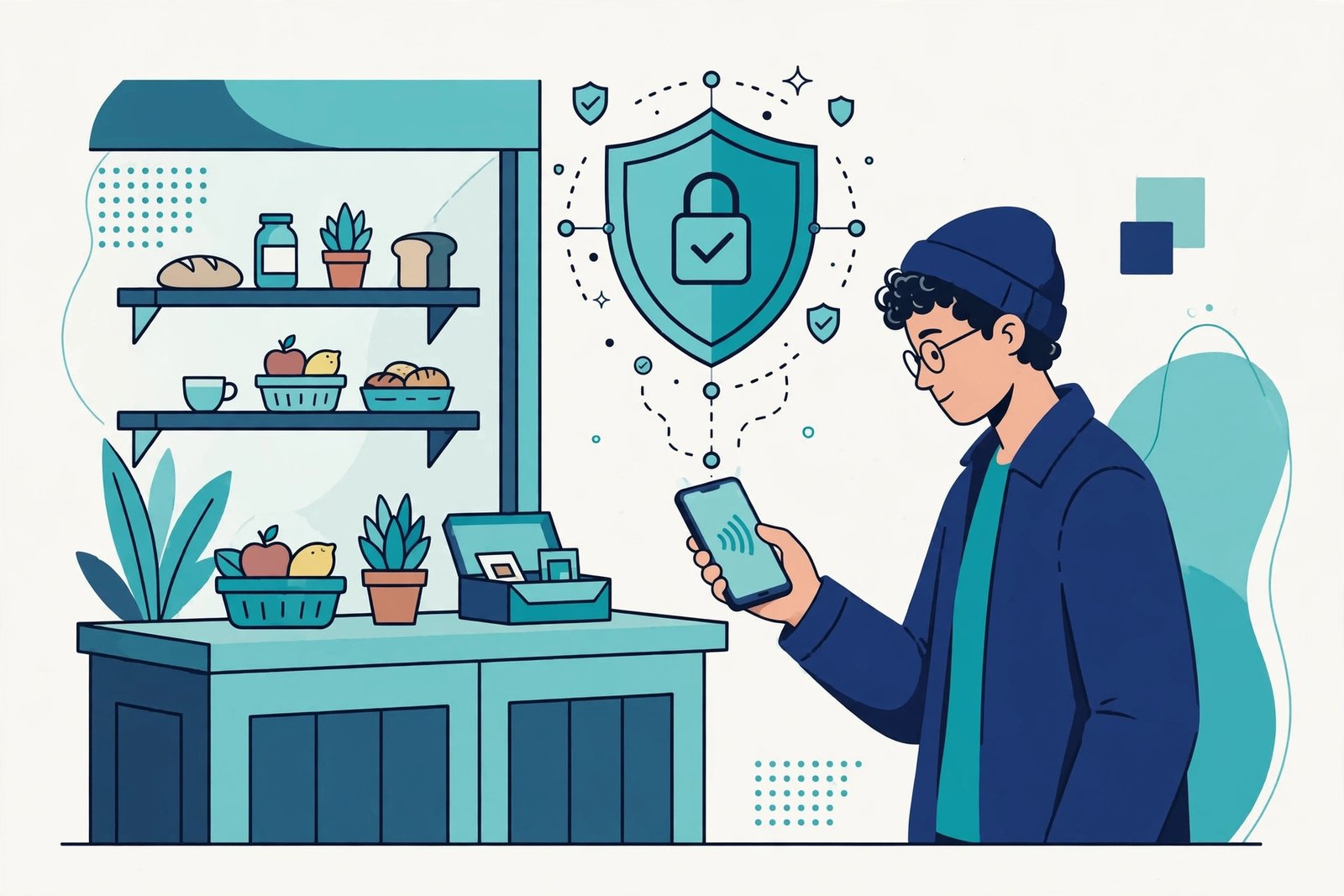 Illustration of a person making a private crypto payment with a phone at a shop counter