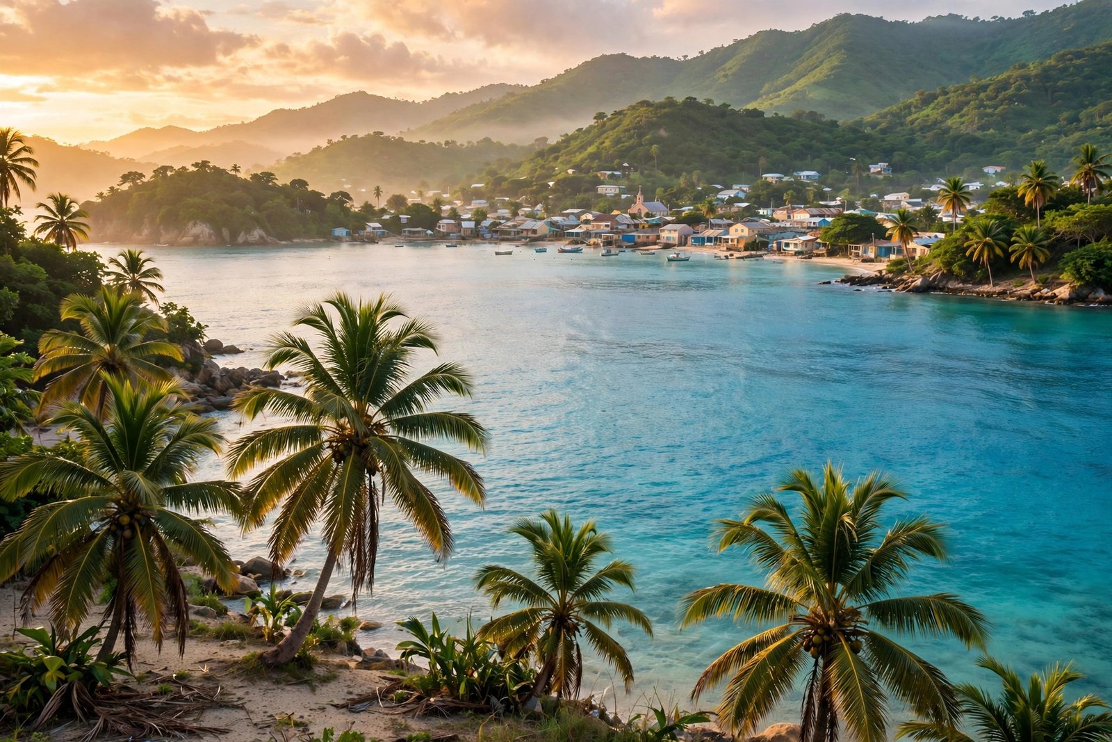 Illustrative view of the Jamaican coastline at sunrise, representing Amanda Levy McKeehan's Jamaican birthplace and heritage