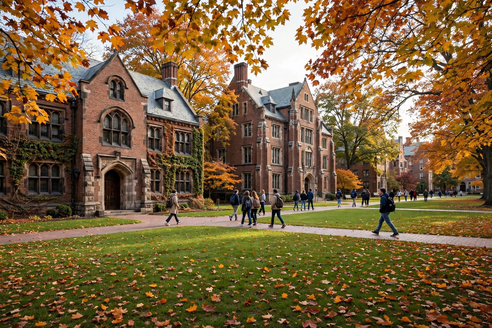 Illustrative historic college campus in autumn light, representing Hollins University in Virginia, where Amanda Levy McKeehan studied and met TobyMac