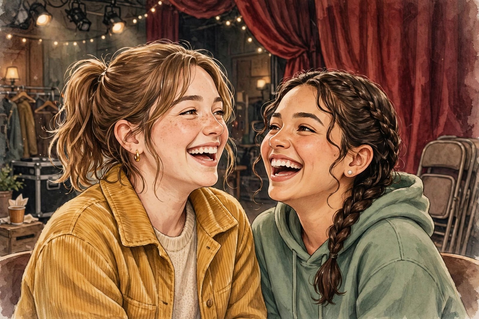 Generic illustration of two sisters laughing together backstage at a comedy show