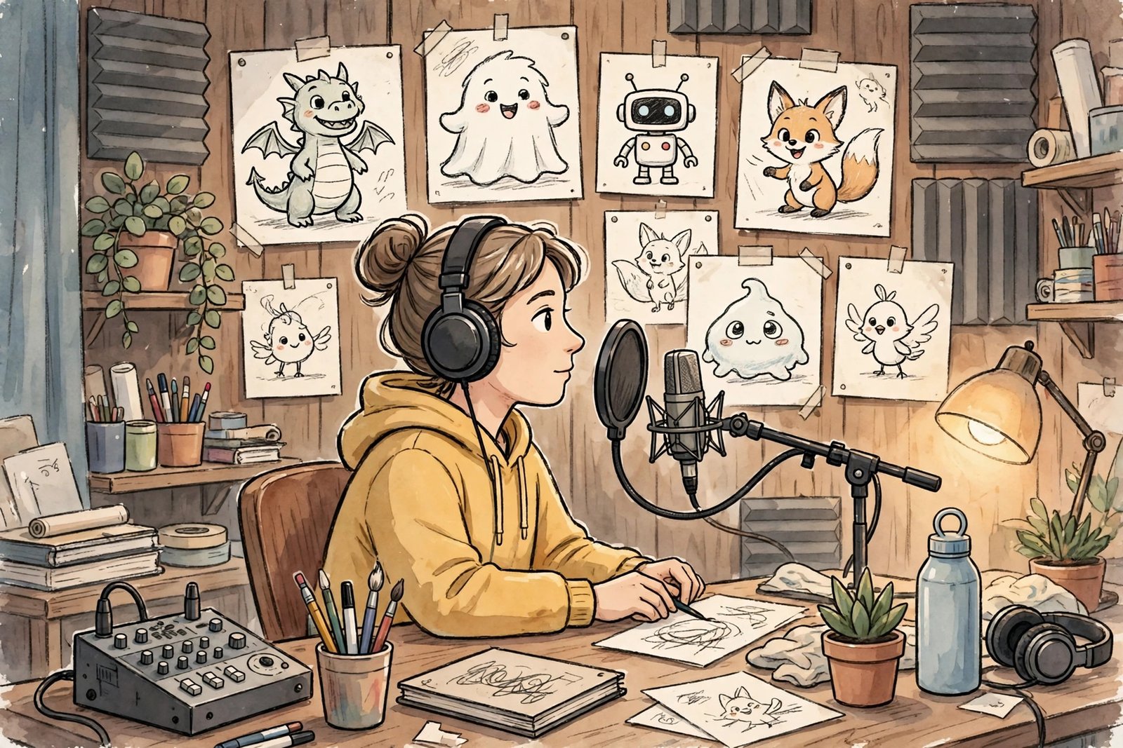 Generic illustration of a voice actor recording in a studio with headphones and a microphone