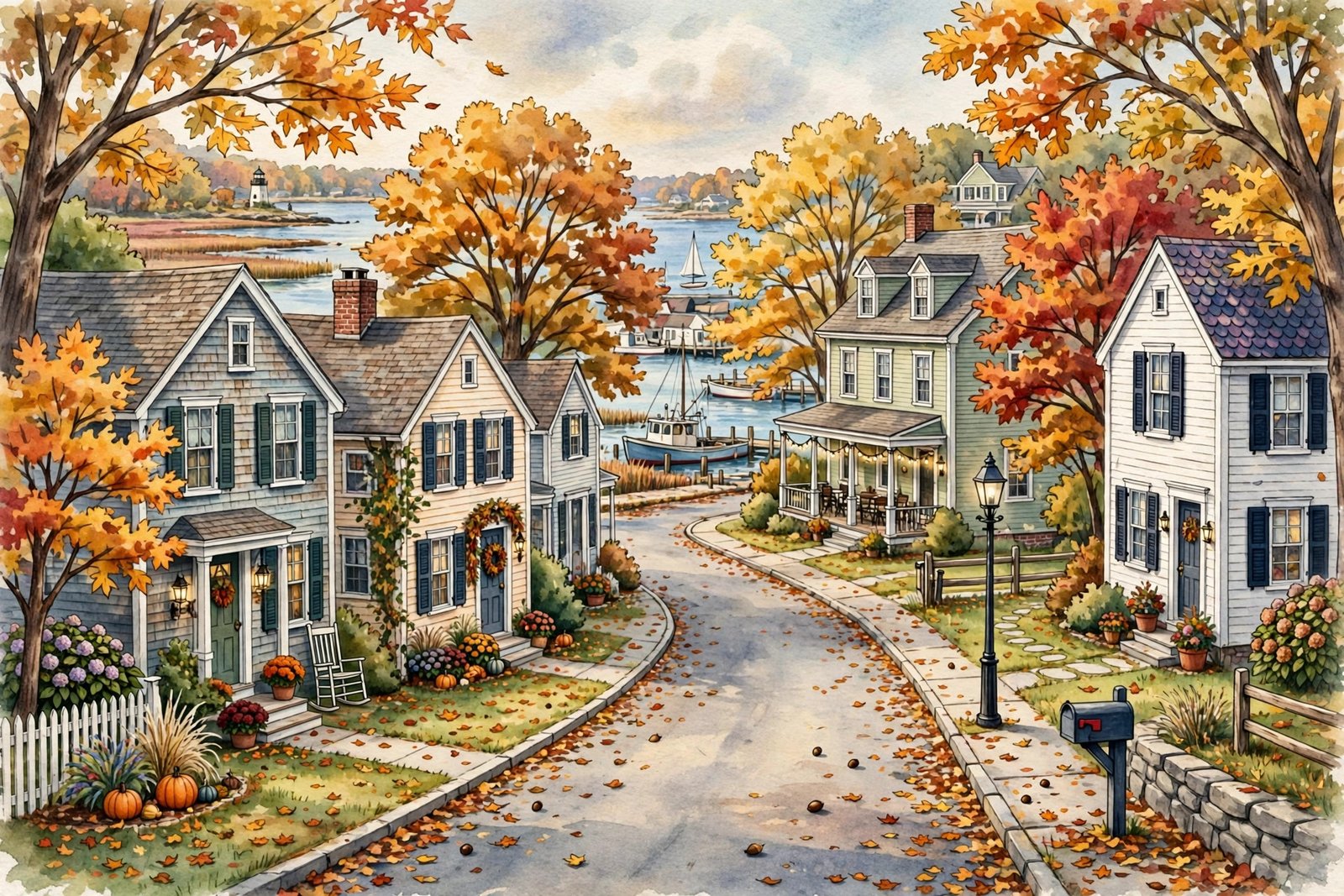 Generic illustration of a charming coastal town street in Long Island with houses and autumn trees