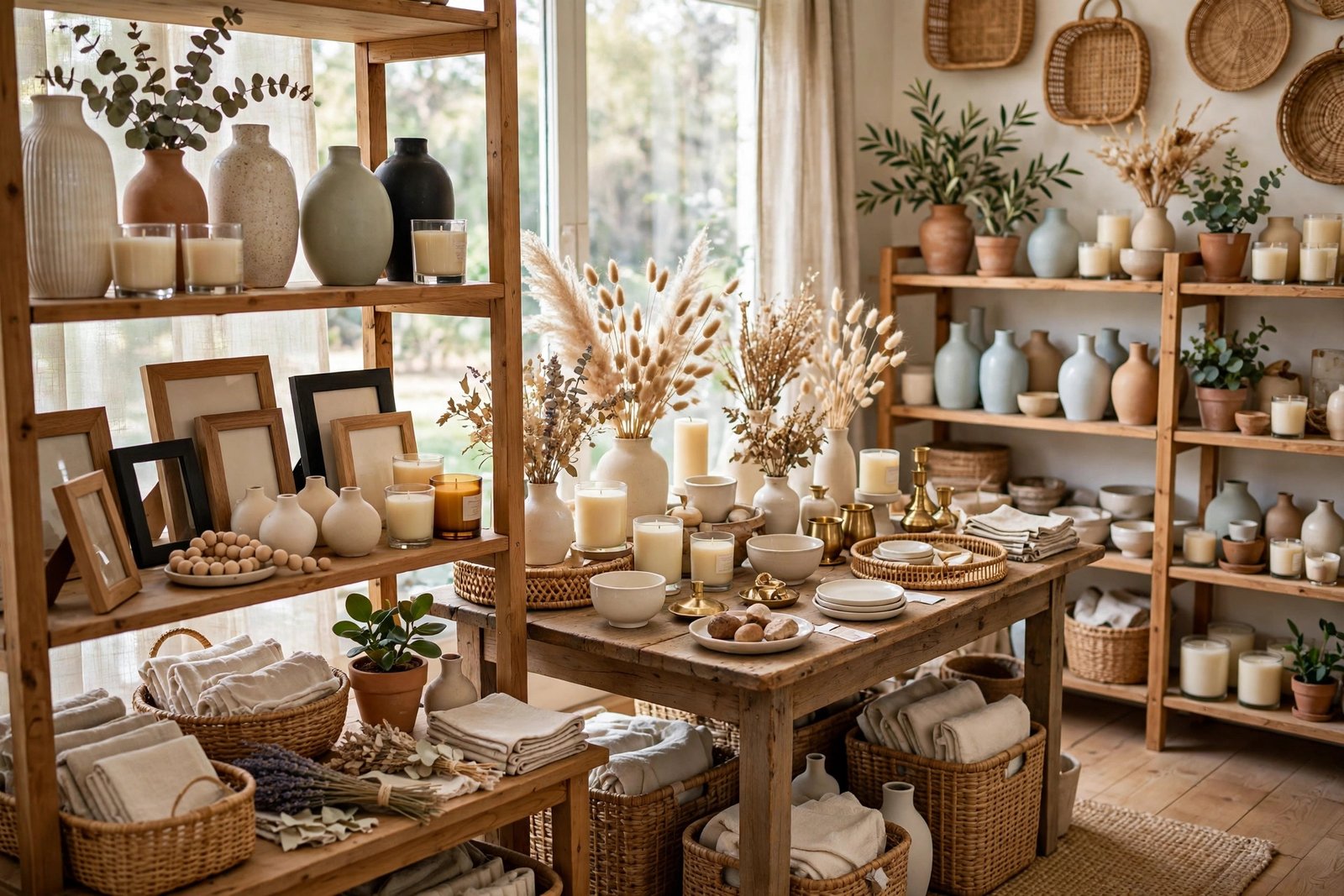 Boutique home decor shop interior with shelves of vases, candles and accessories