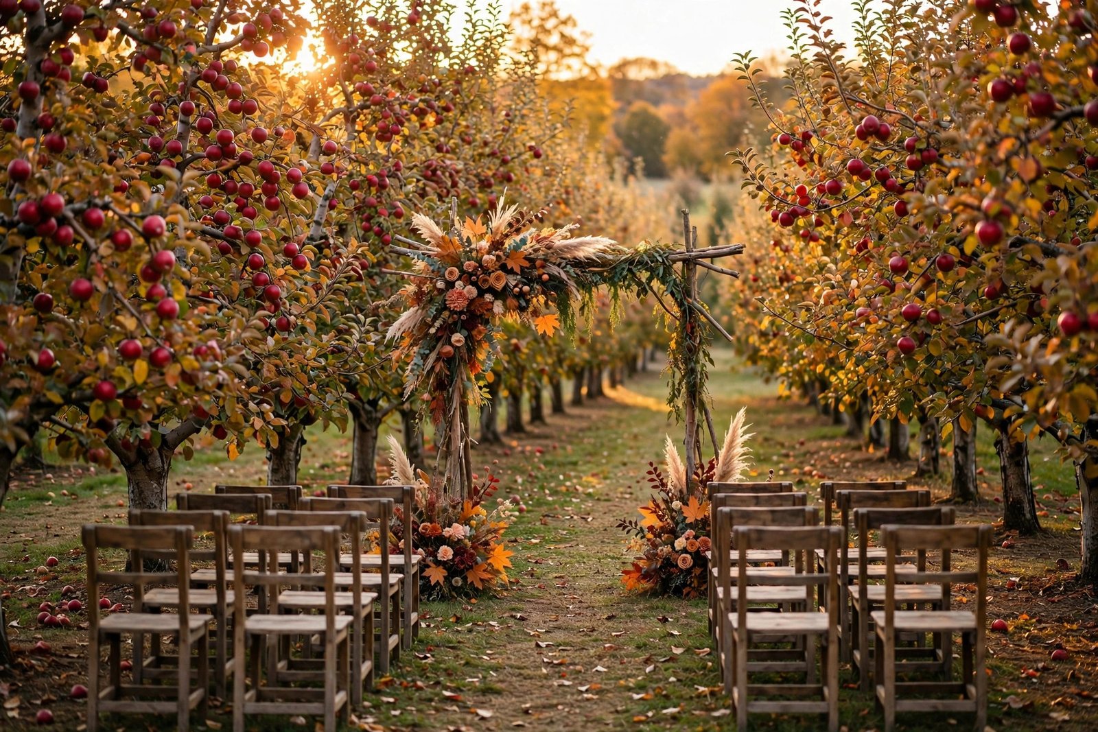 Apple orchard in autumn with a rustic wedding ceremony setup among the trees