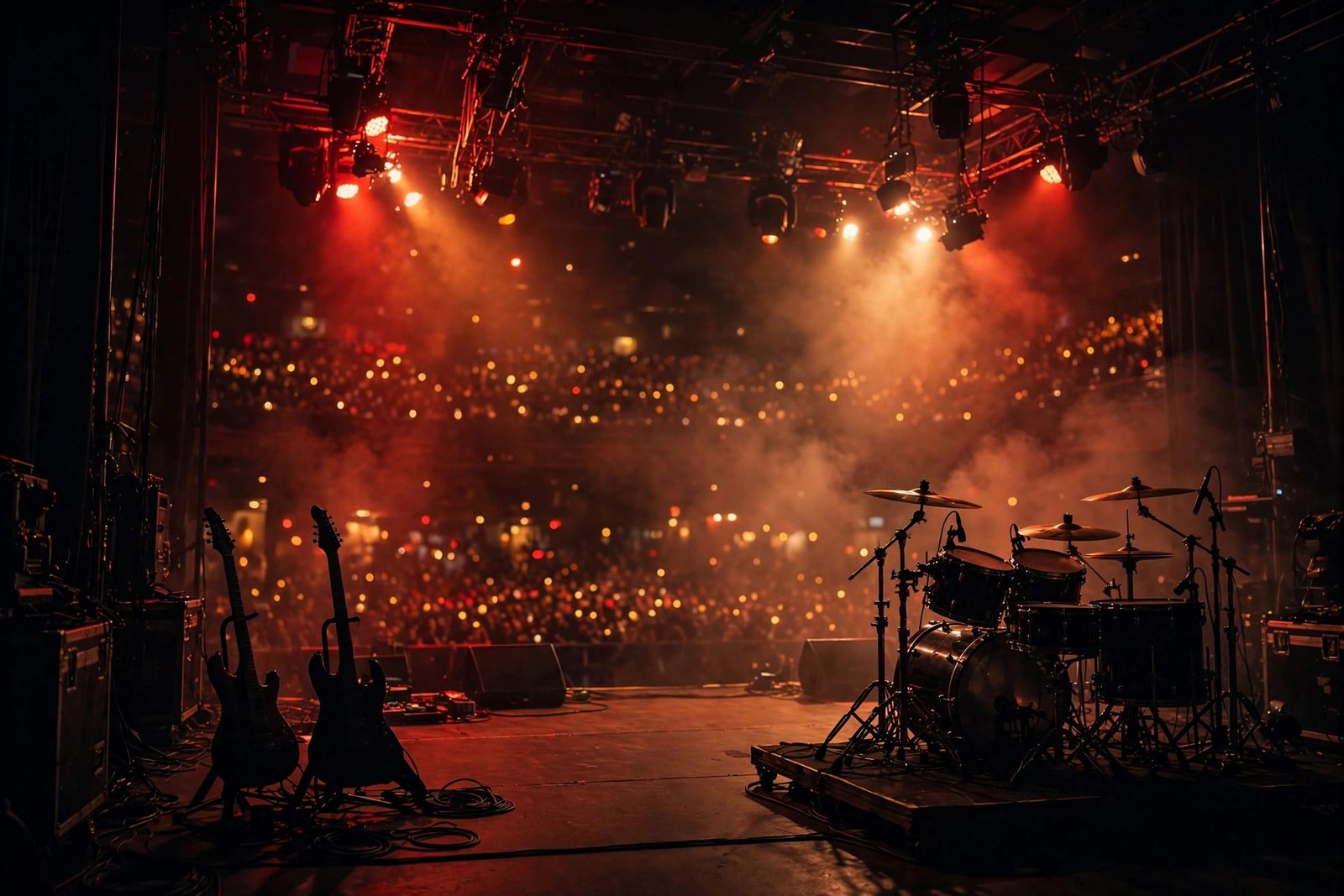 Rock concert stage with dramatic red lighting and empty instruments