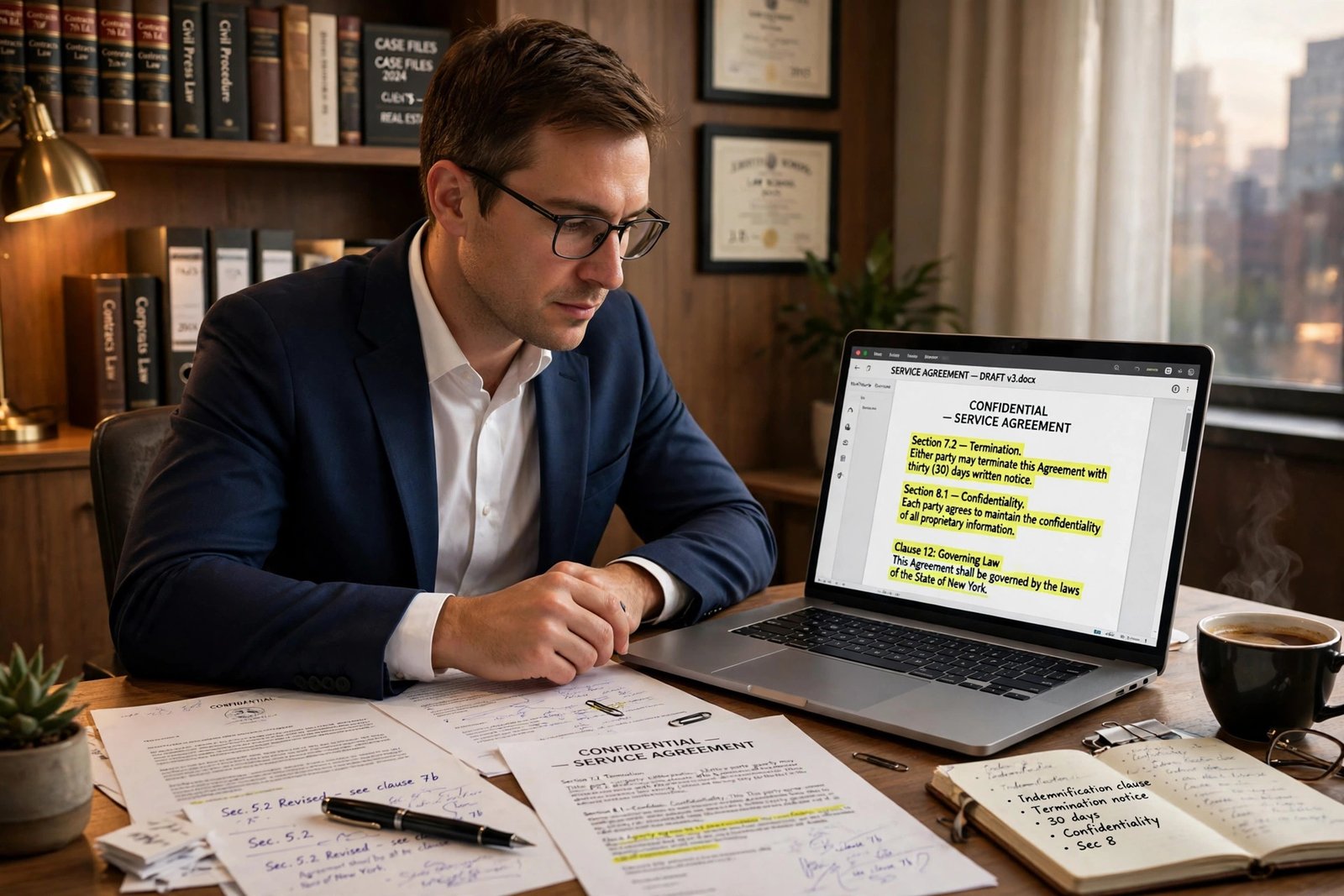 Lawyer reviewing contract documents beside a laptop showing highlighted clauses