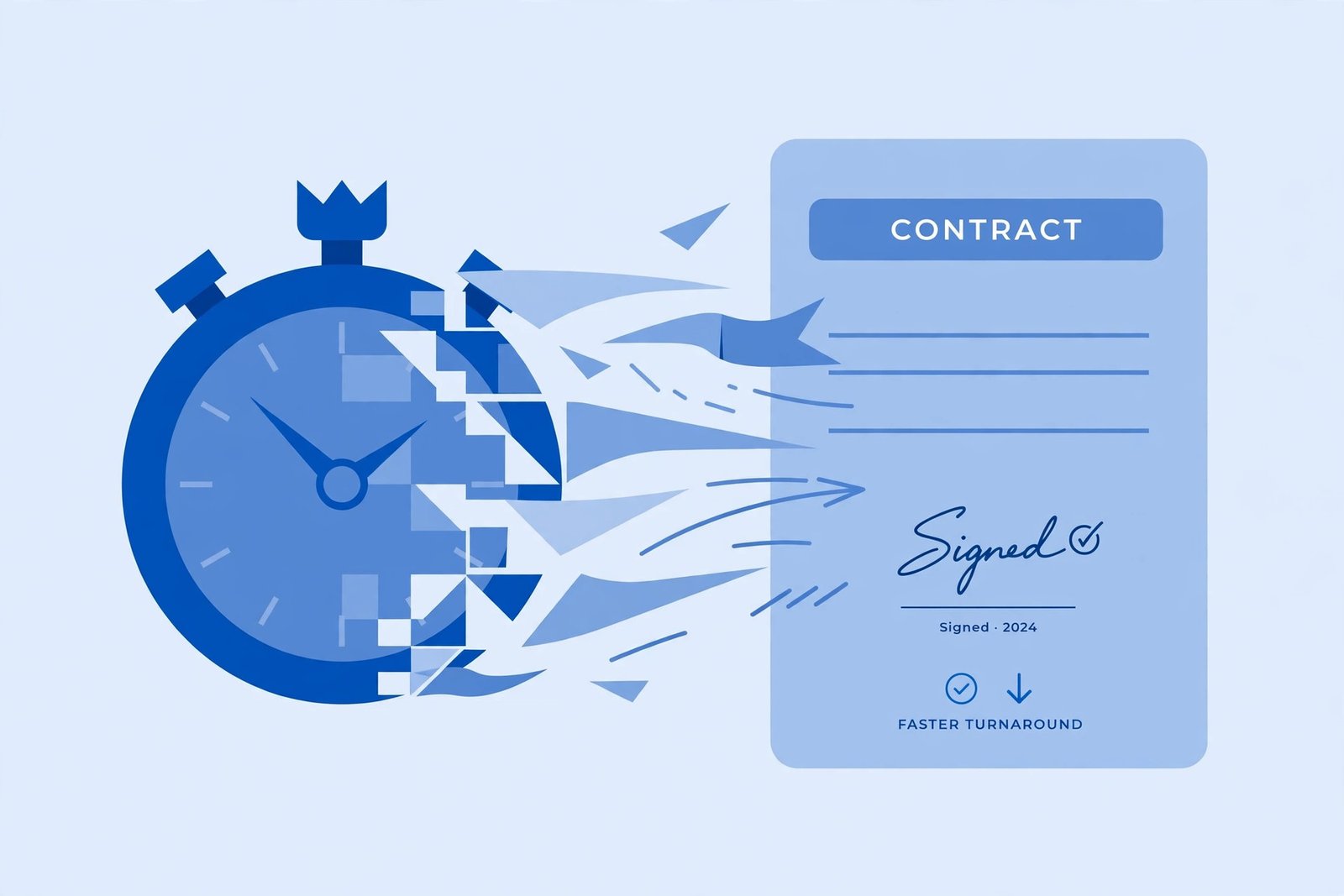 Stopwatch merging into a signed contract, symbolizing faster contract turnaround