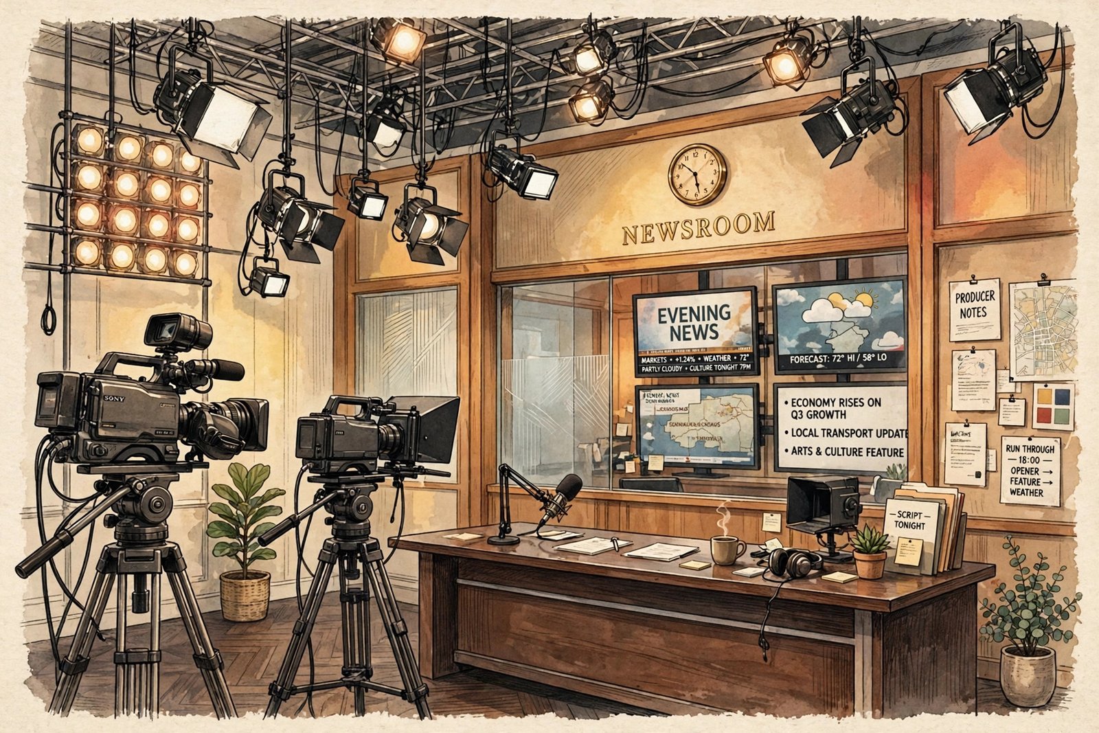 Elegant television studio set illustration with cameras and lighting, styled like an editorial magazine feature