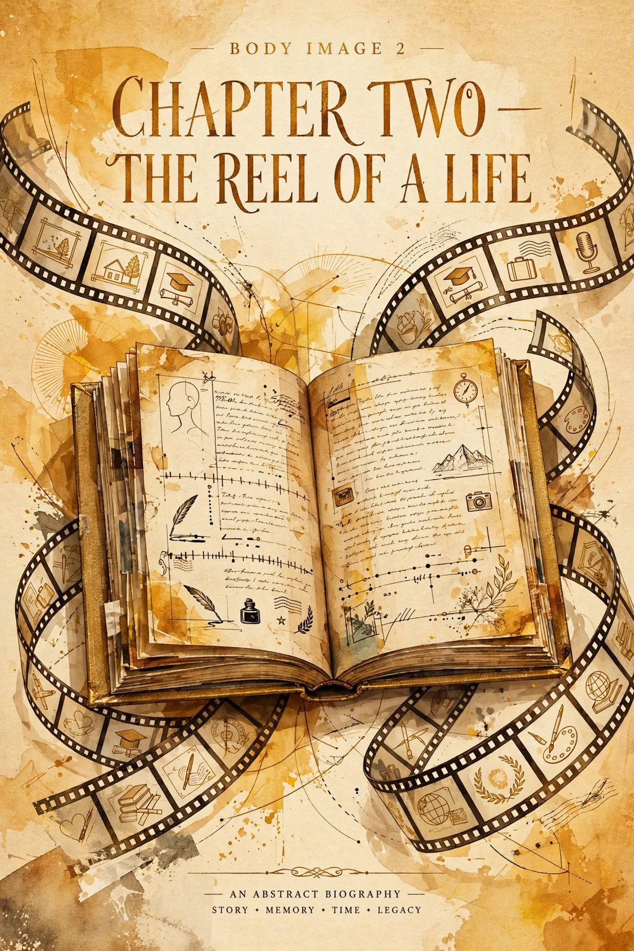 Abstract biography illustration showing an open book surrounded by floating film strips in warm golden tones