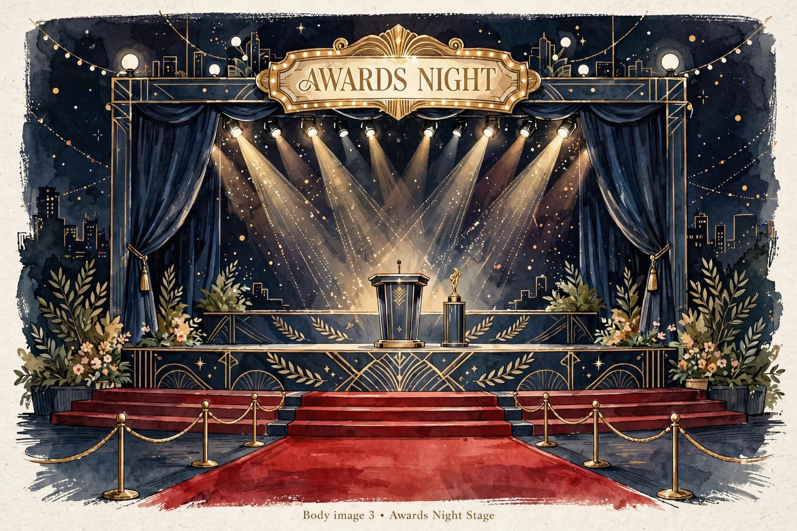 Glamorous awards night stage illustration with spotlights and red carpet in an elegant editorial style