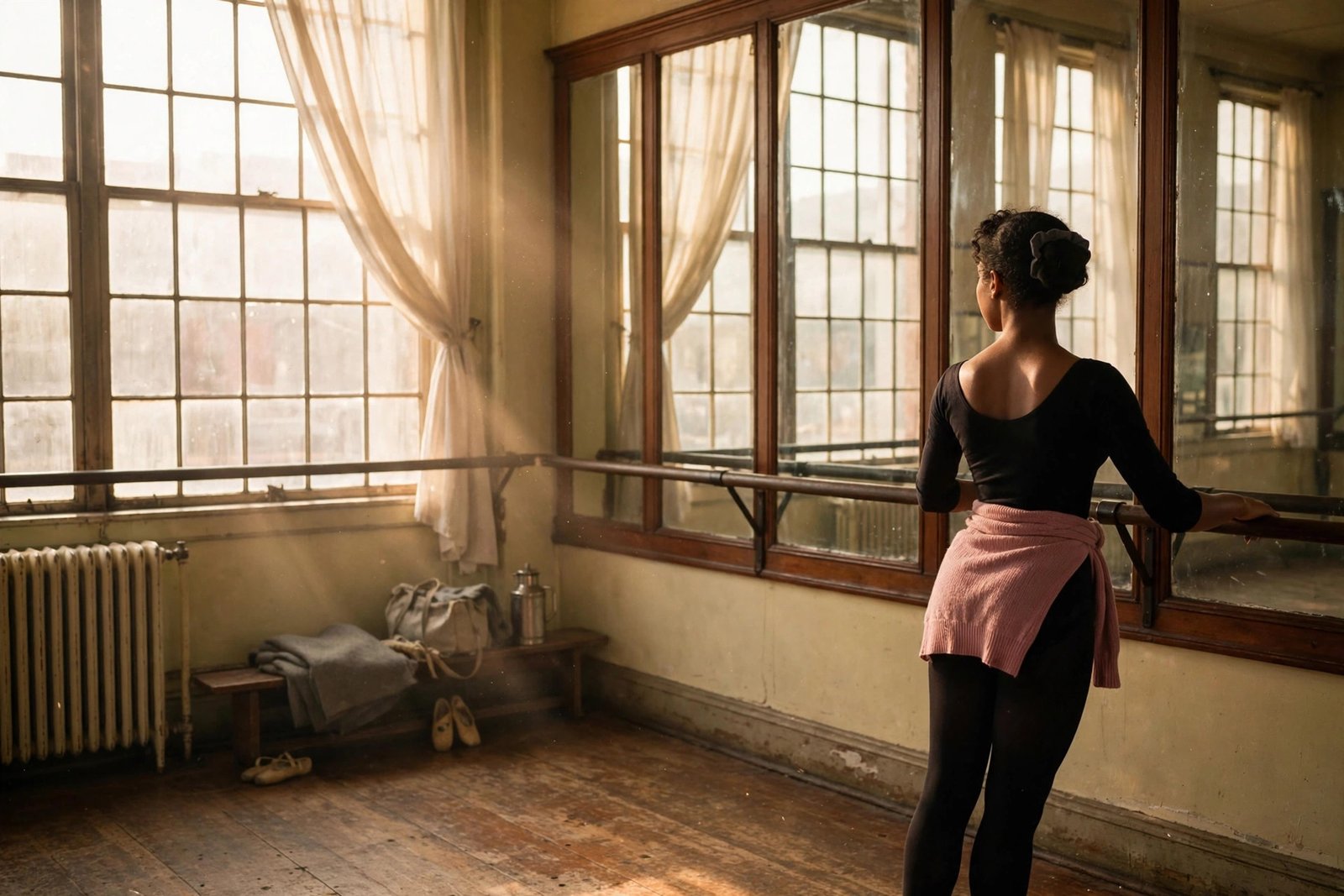A young dancer practicing at a barre in a sunlit 1950s dance studio, evoking Juanita Hardy's early career as a model and dancer in New York