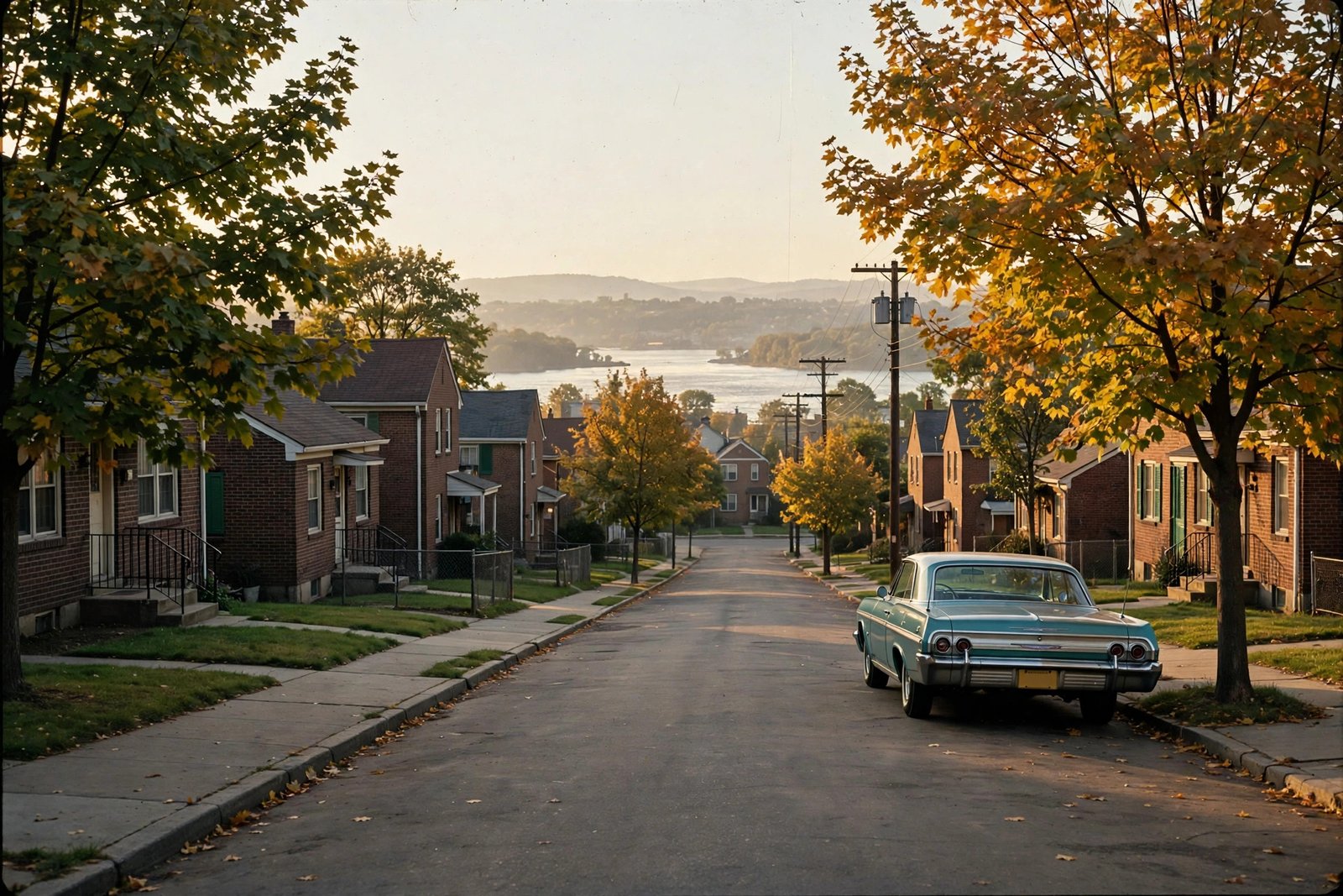 A quiet 1960s suburban street in Stuyvesant, New York, evoking the neighborhood where Juanita Hardy and Sidney Poitier raised their family