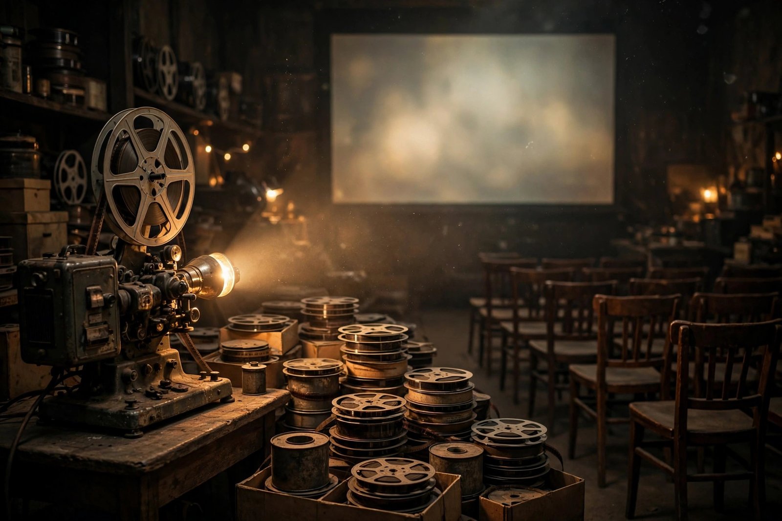 A vintage film projector and reels in an archival screening room, evoking Juanita Hardy's documented appearances in film documentaries