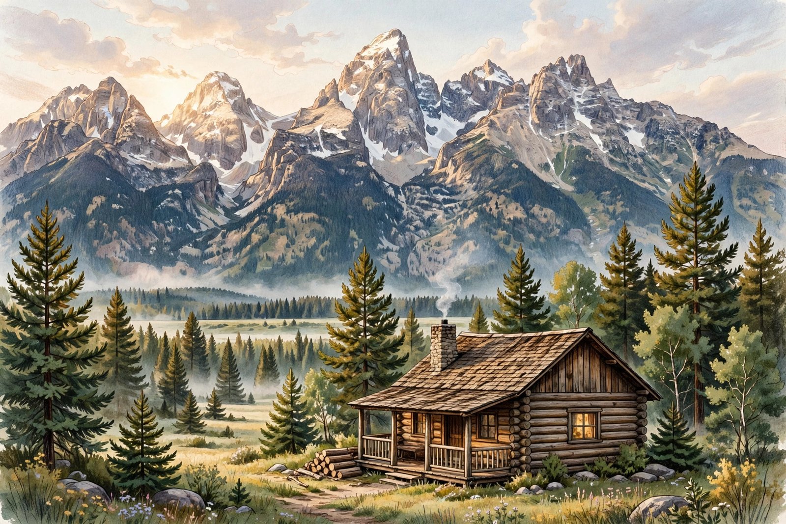 Illustration of a mountain log cabin near the Grand Teton range, reflecting Mary Elizabeth Rossington's Wyoming childhood