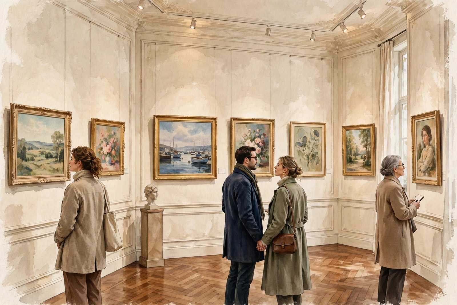 Illustration of an elegant fine art gallery interior with framed paintings on display