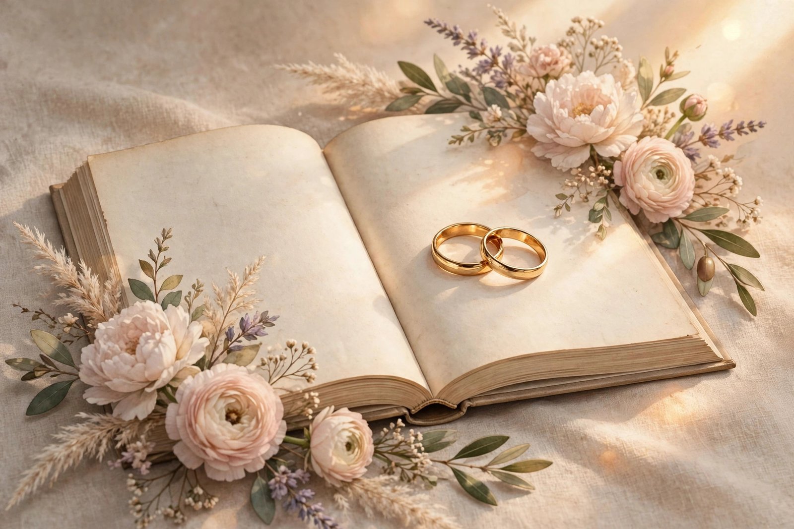 Two wedding rings resting on a book with soft flowers, symbolizing Mary Fulling and Neil Cavuto's marriage in 1983