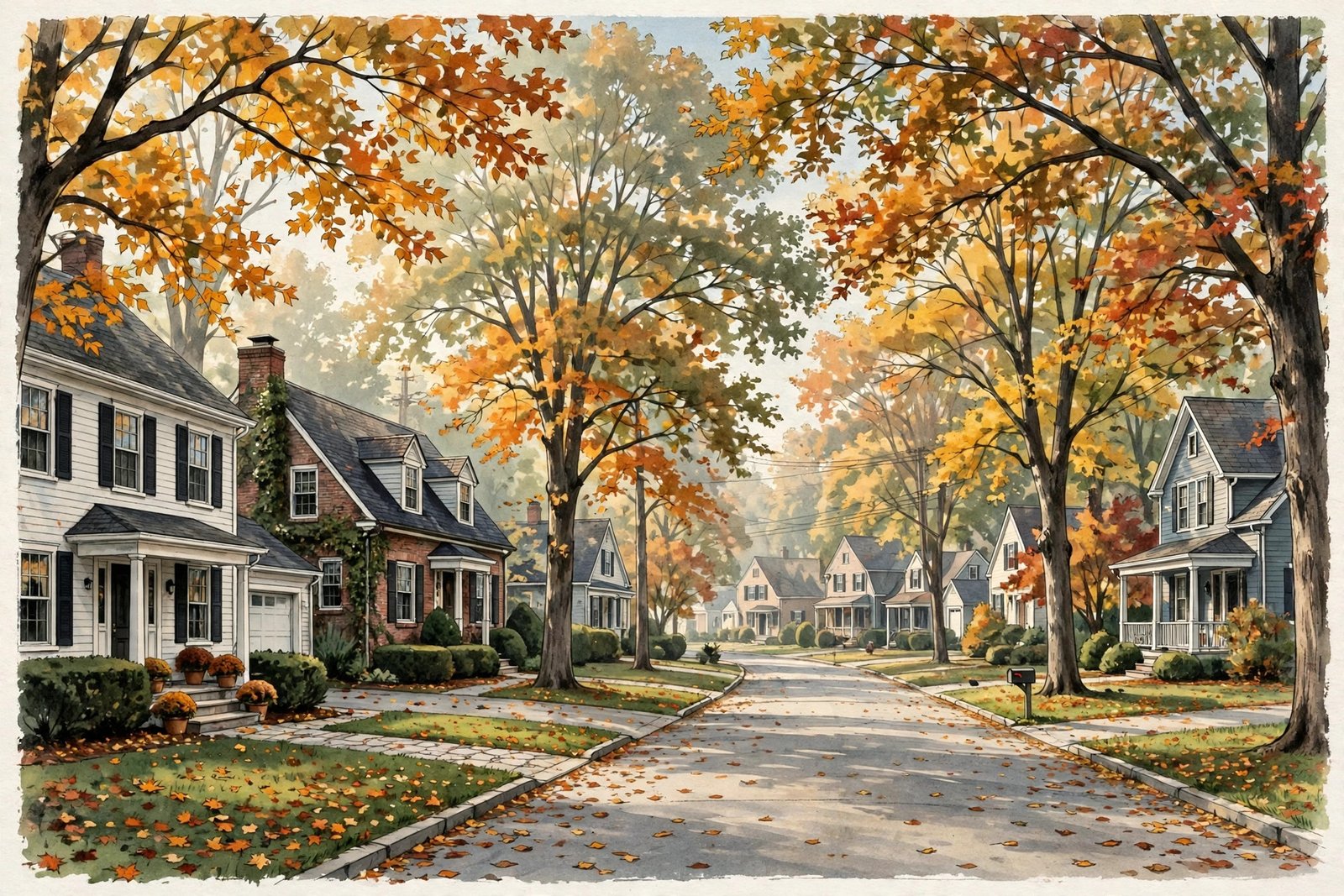 A quiet leafy suburban street with family homes and autumn trees, evoking the Cavuto family's reported home area in Mendham, New Jersey