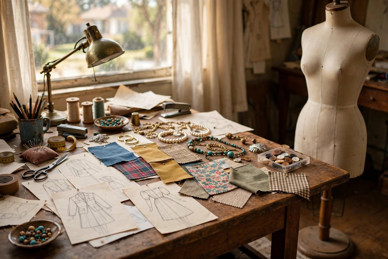 Fashion design workspace with fabric swatches, clothing sketches and jewelry pieces on a work table
