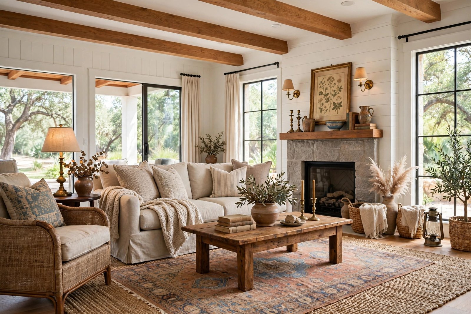 Warm renovated Texas living room with neutral sofa, layered rugs and curated lighting