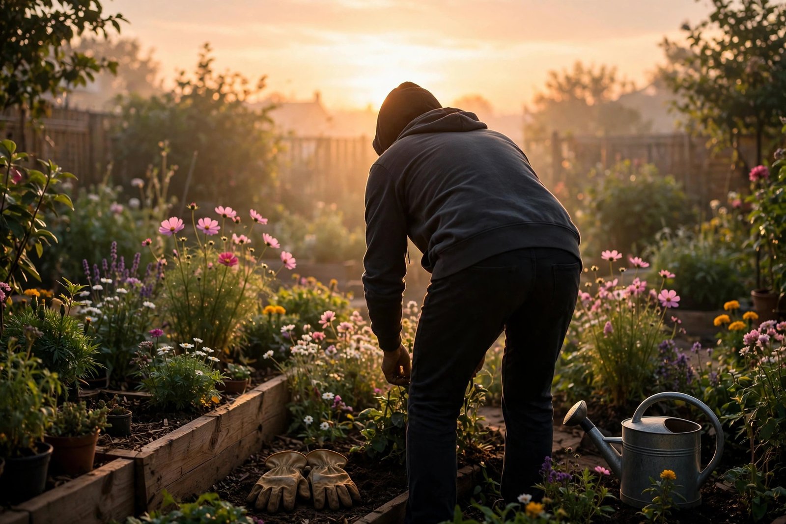 Anonymous person tending a garden at sunrise, editorial image for the Patty Gardell biography profile