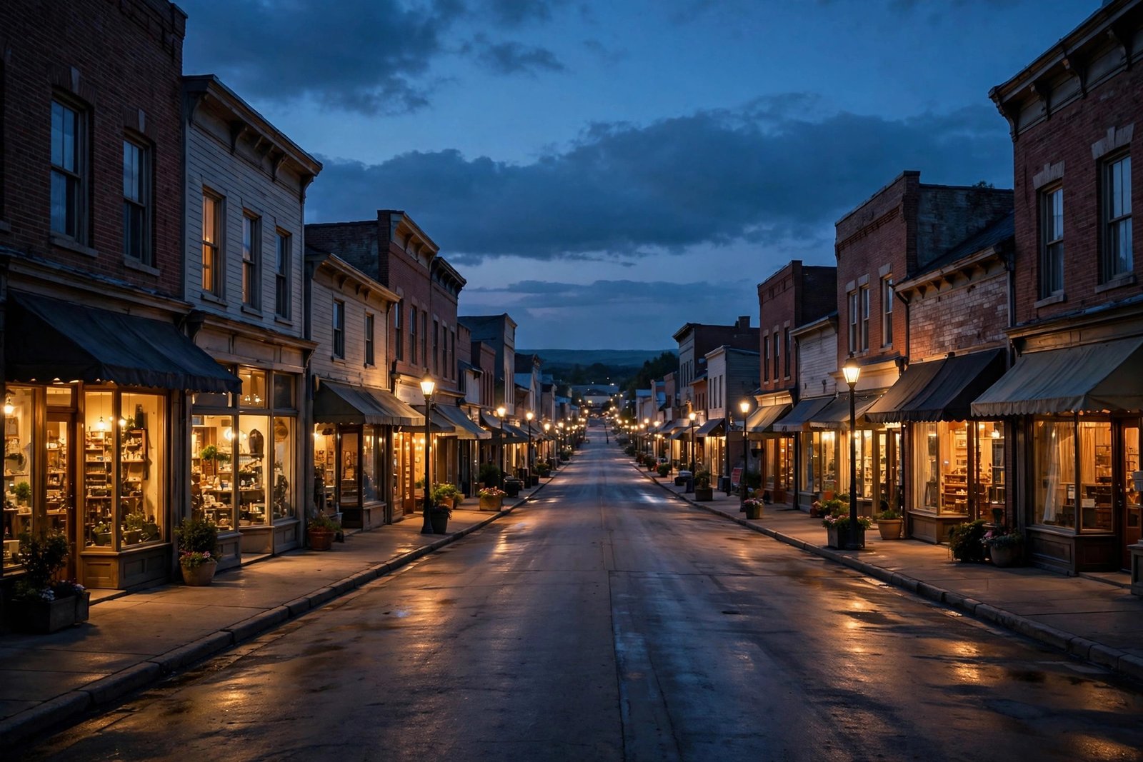 Small-town main street at dusk, cinematic editorial image for the Patty Gardell career and public life section