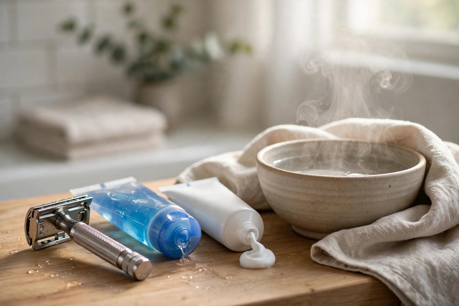Fresh razor, shaving gel and warm water arranged for a calm evening shave before photo day