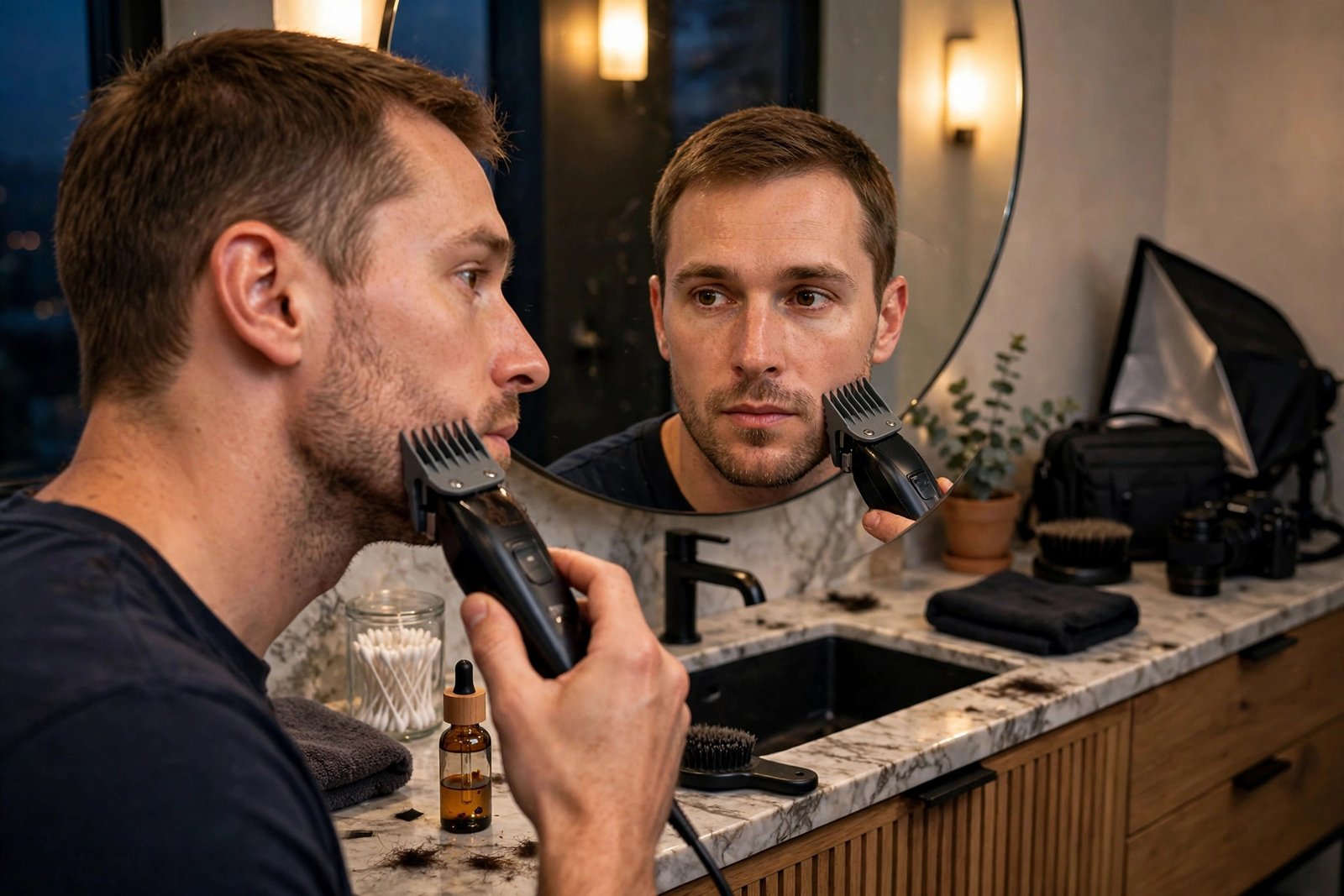 Man trimming short even stubble with an electric clipper before a photo shoot