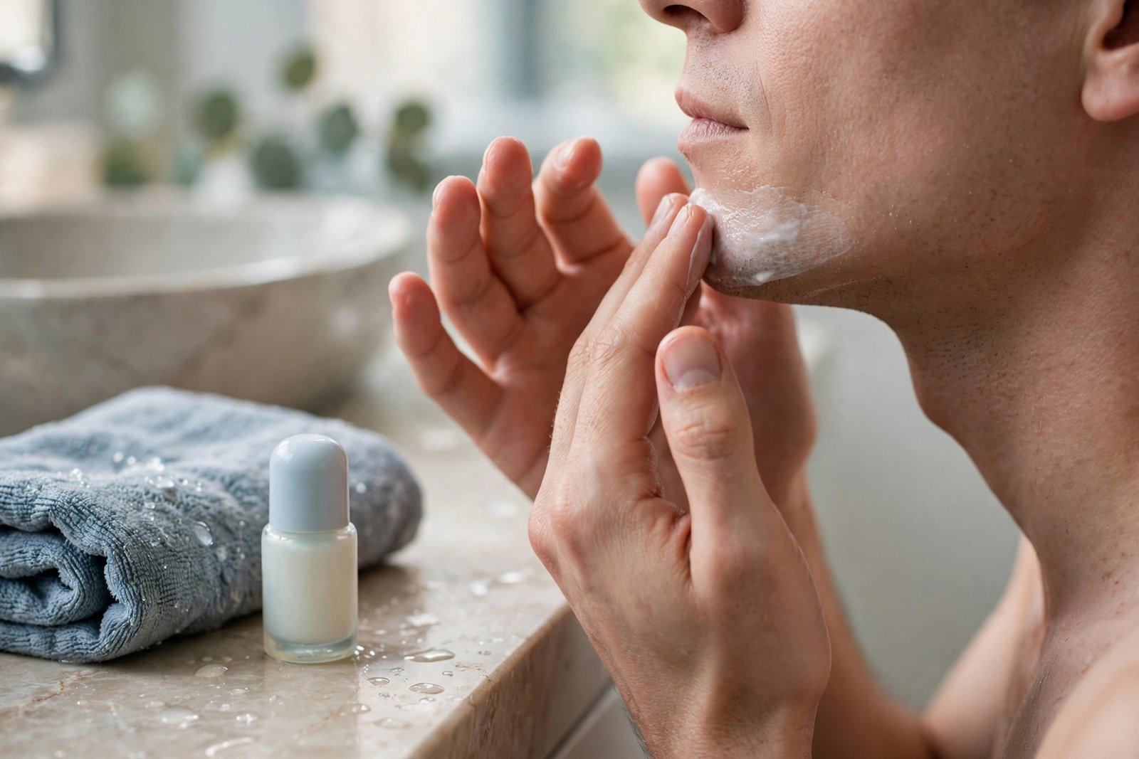 Applying fragrance-free moisturizer to calm freshly shaved skin after shaving