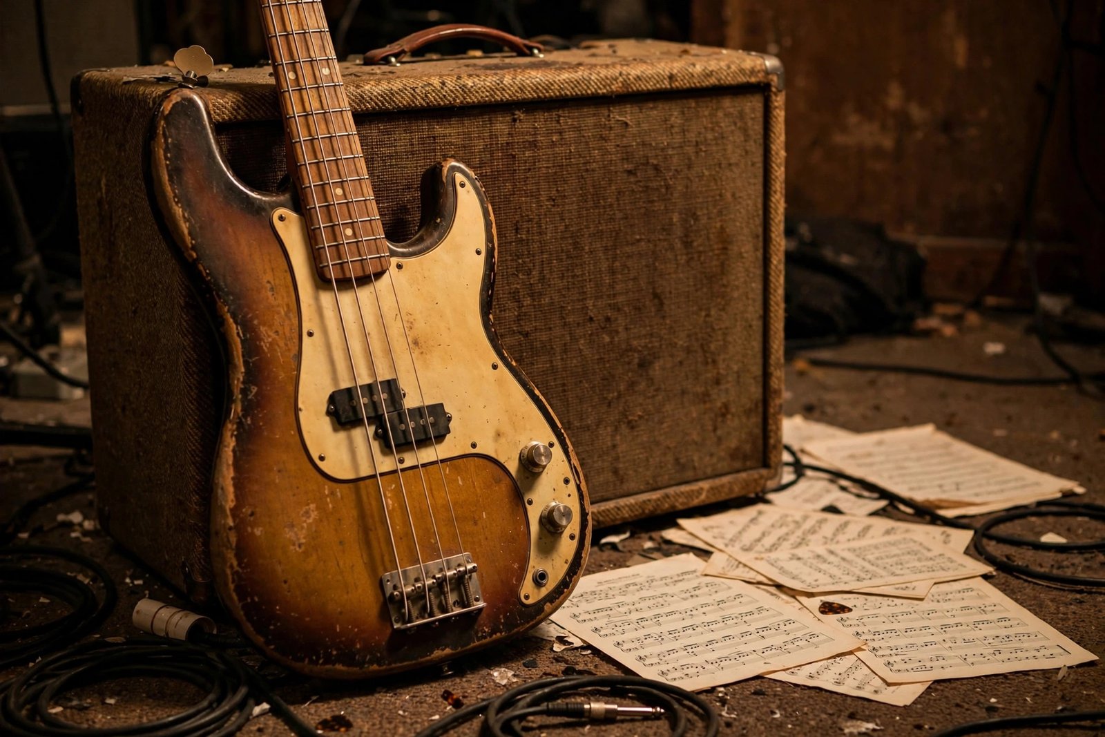 Vintage electric bass guitar in a rehearsal room reflecting Christopher Aames reported music career