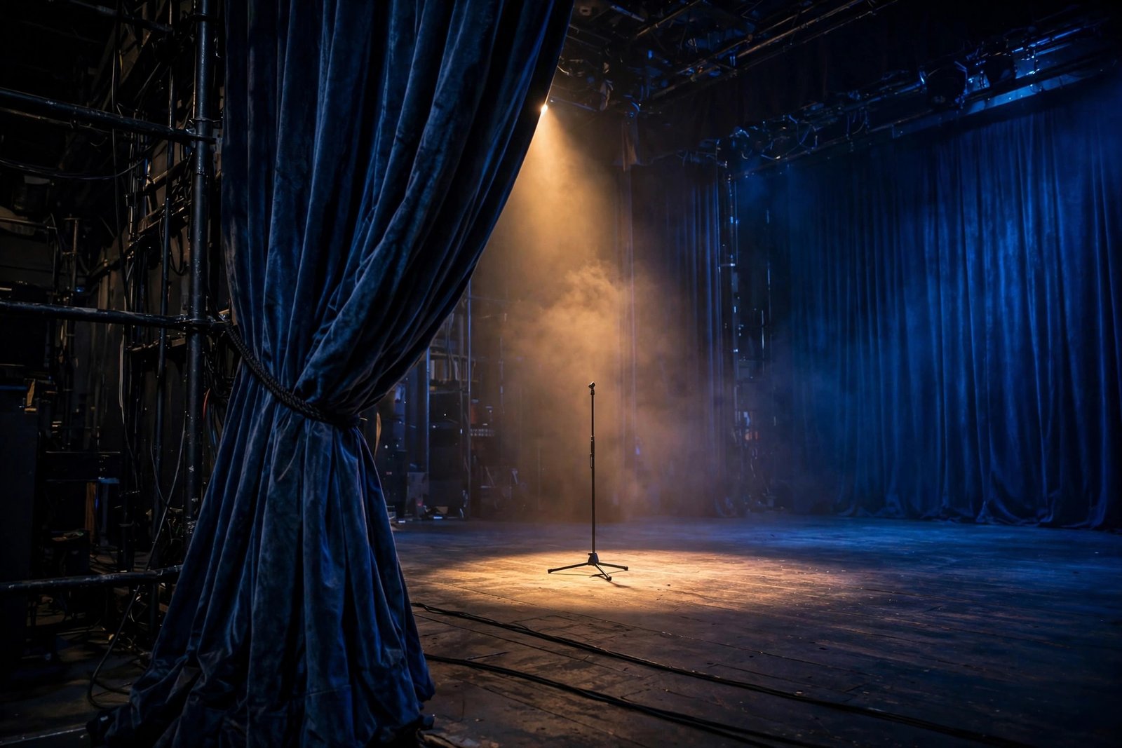 Empty theater stage under a spotlight evoking a life away from the public eye
