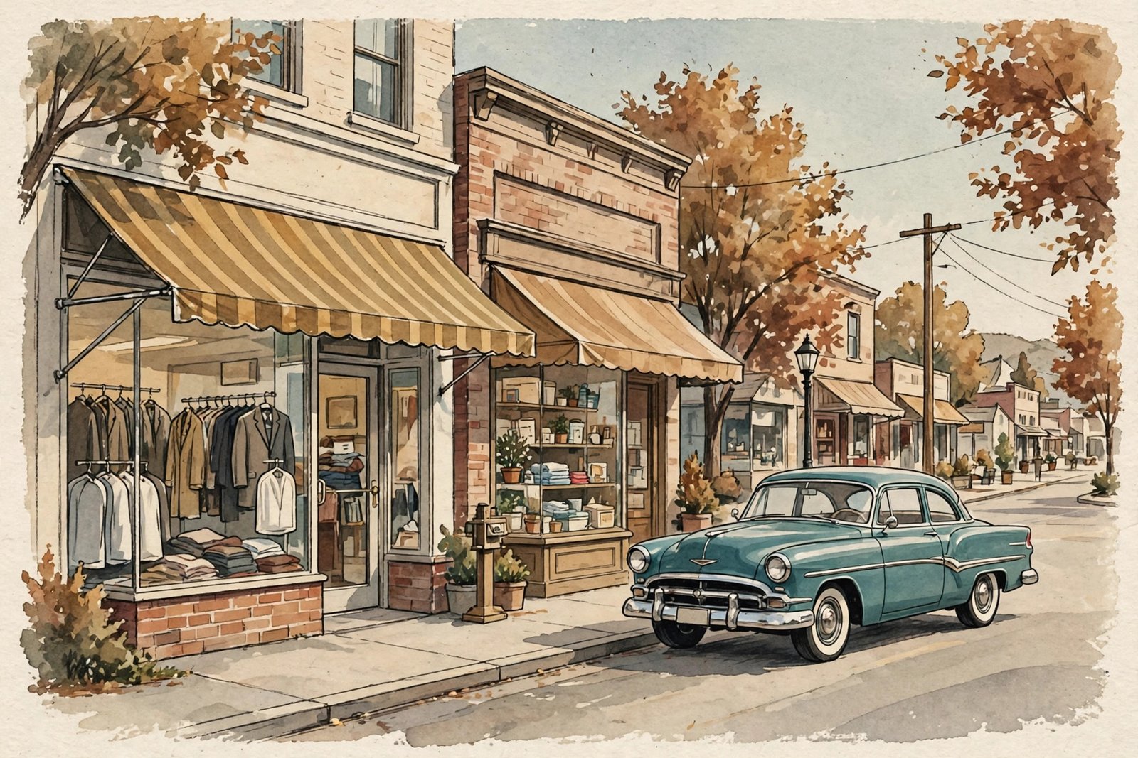 Stylized editorial illustration of a 1950s small town street with a dry cleaning shop front and a classic car, evoking Don Saroyan's Omaha childhood