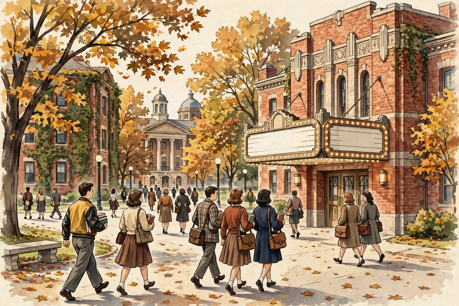 Stylized editorial illustration of a 1950s university campus with students walking past a theatre building, evoking Don Saroyan's UCLA years