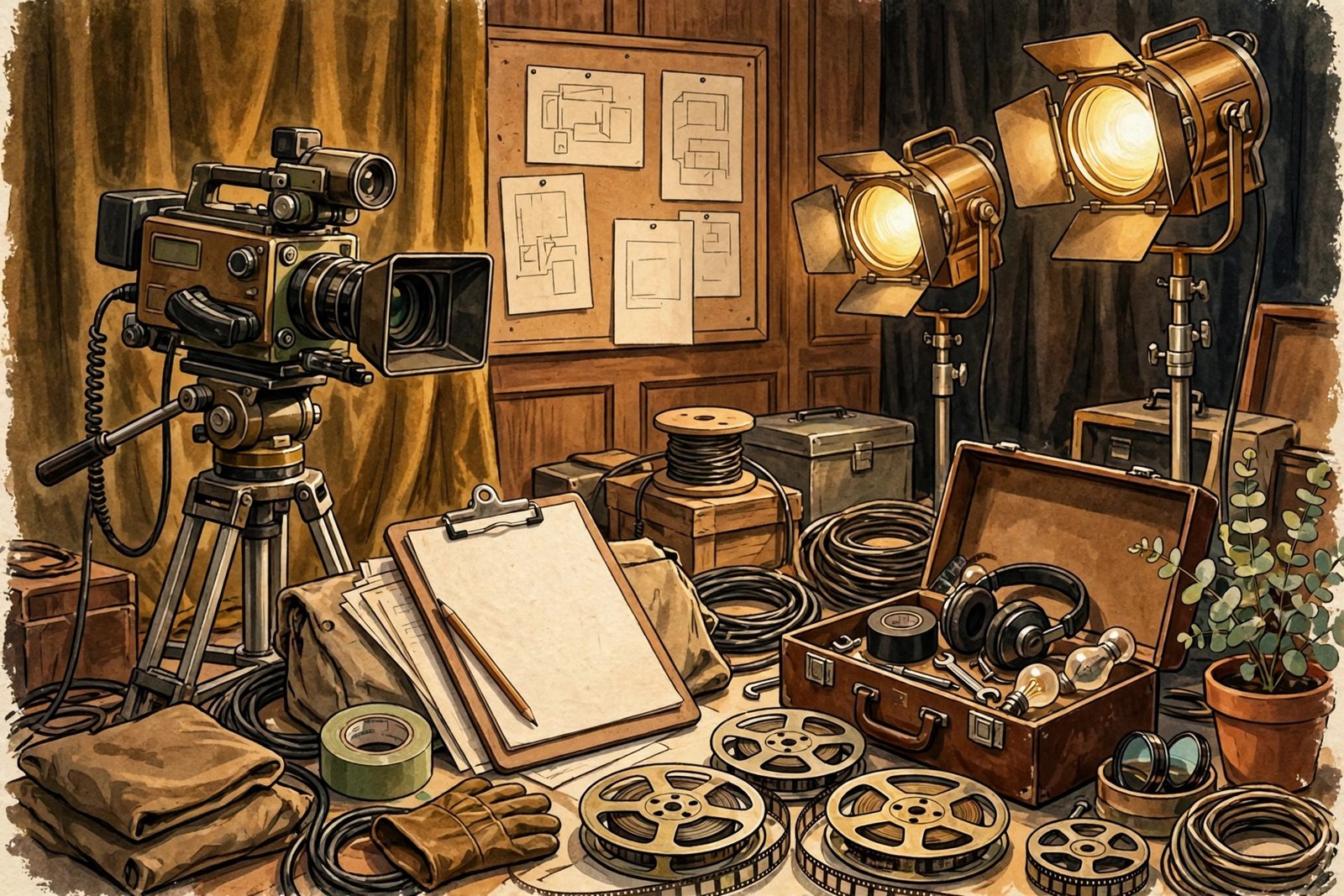 Stylized editorial illustration of a behind the scenes television production set with a vintage camera, clipboard and studio lights, evoking Don Saroyan's production coordination work