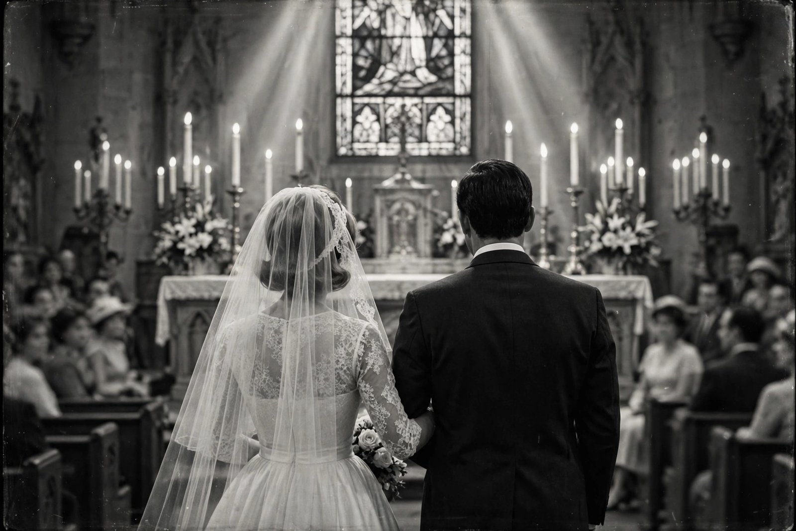 Black and white illustration of a 1961 church wedding, evoking the marriage of Gloria DeLouise and Burt Young