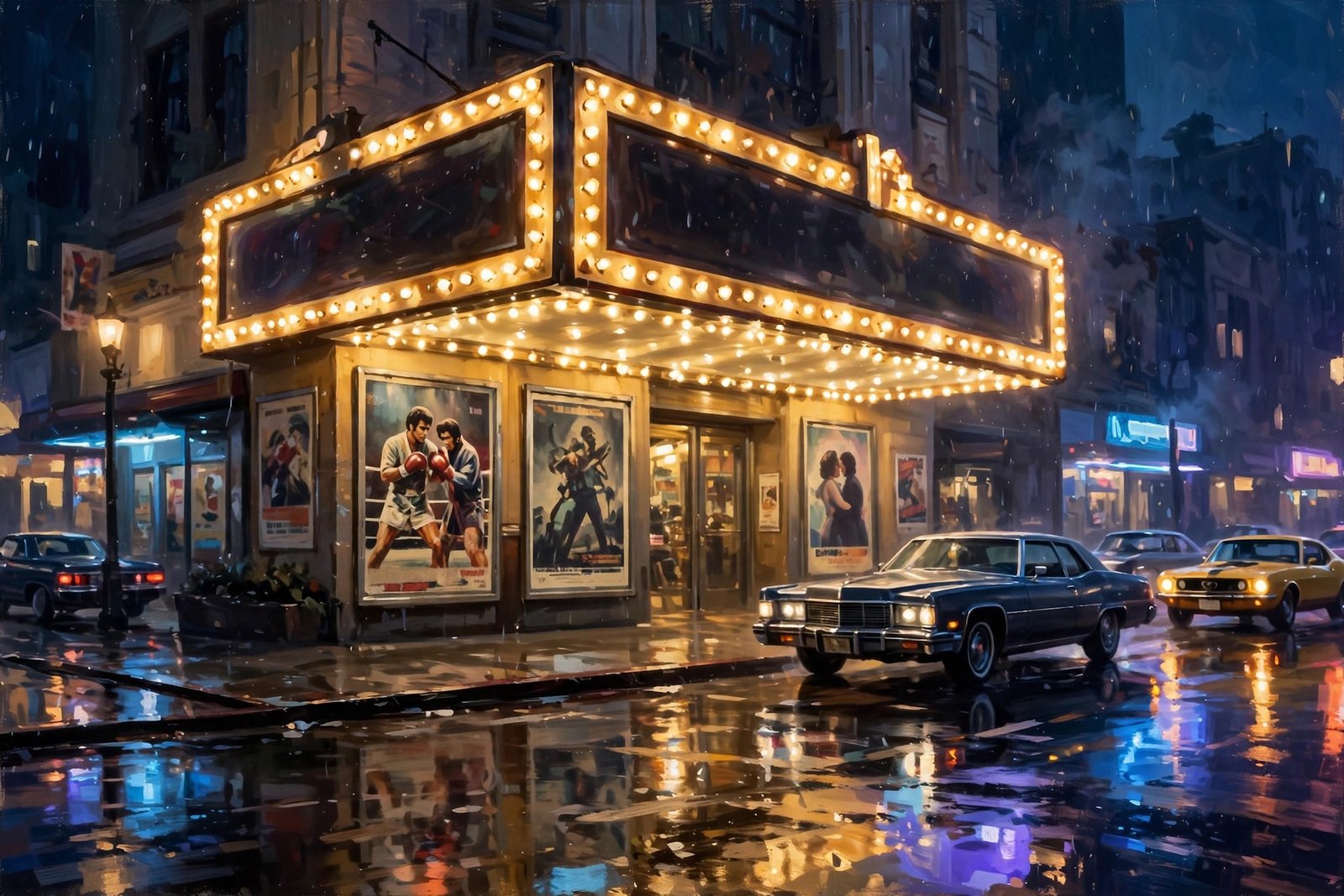 Illustration of a 1970s cinema marquee at night, evoking the Hollywood era when Burt Young became famous as Paulie in Rocky